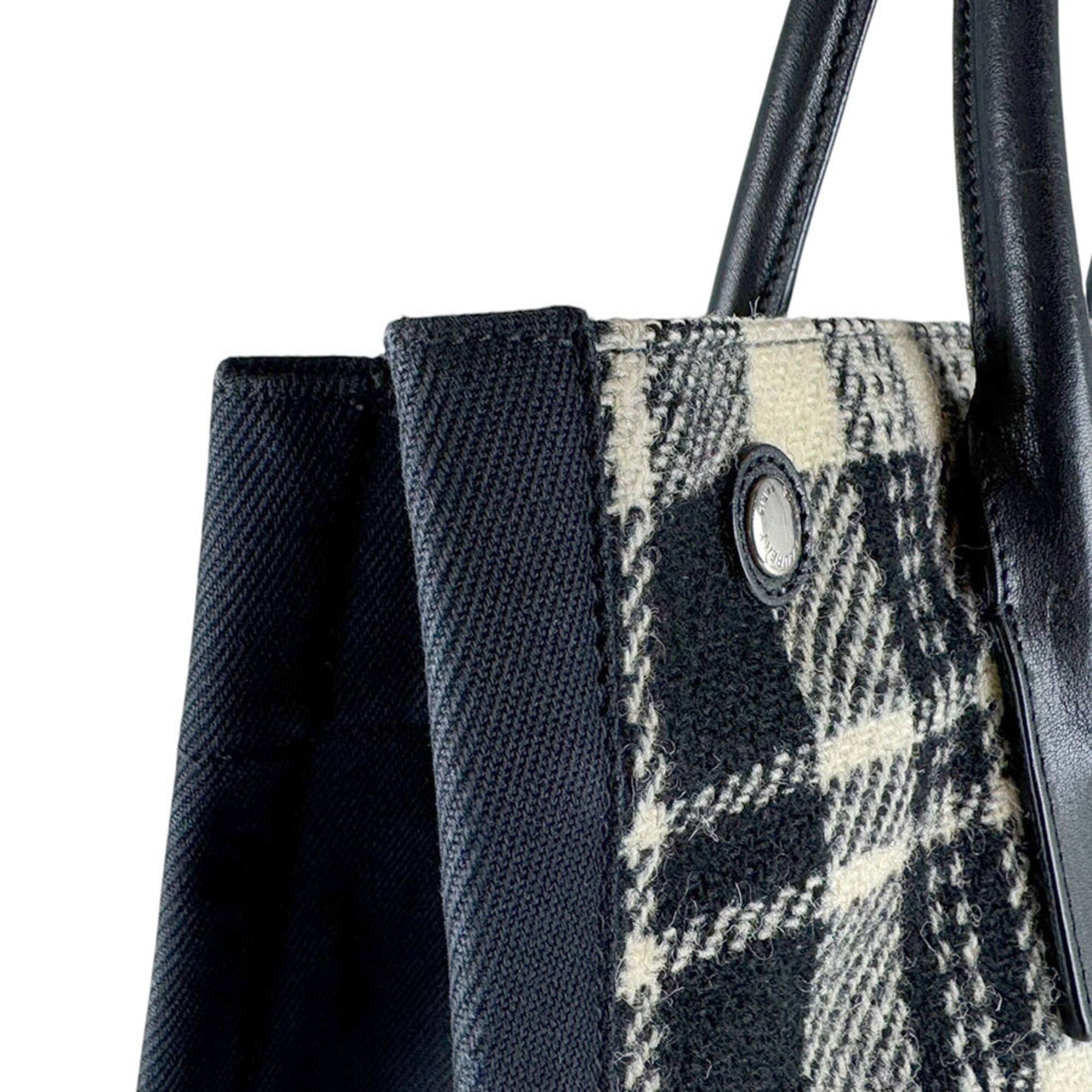 Saint Laurent Black White Leather Cotton Handbag Tote Bag (Pre-Owned)