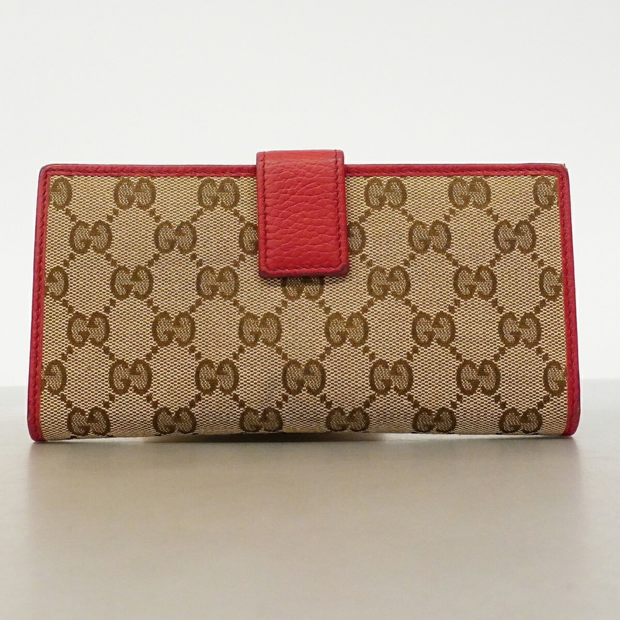Gucci Beige Red Color Canvas Long Wallet (Bi-Fold) (Pre-Owned)