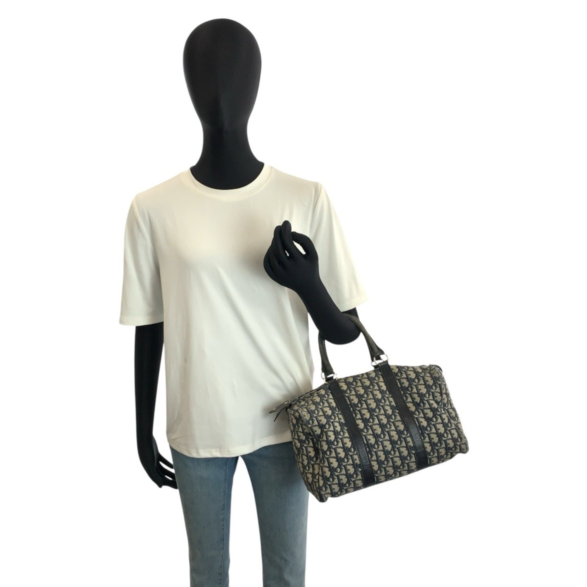 Christian Dior Navy Canvas Leather Boston Bag Handbag (Pre-Owned)
