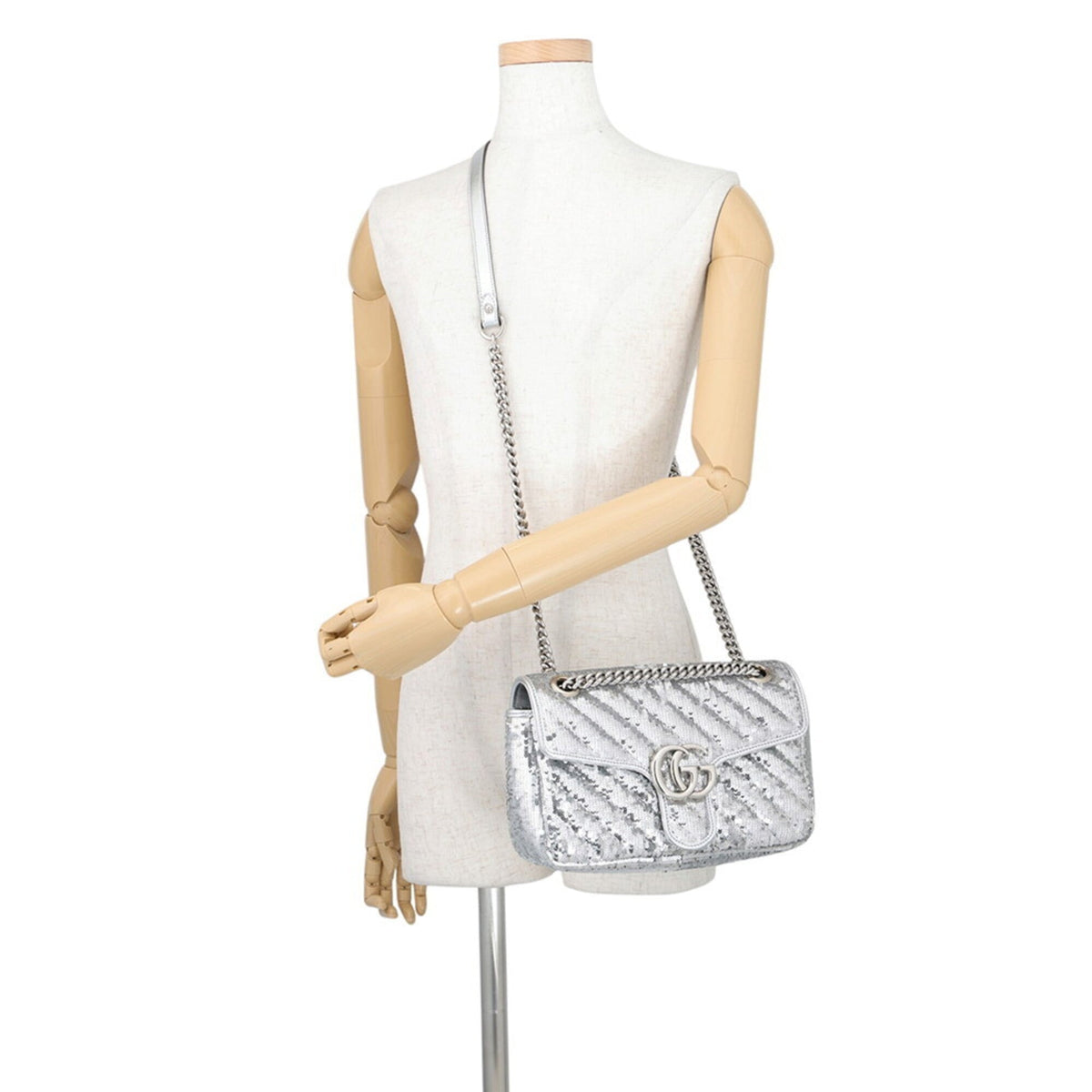 Gucci Gg Marmont Silver Spangles Leather Handbag Shoulder Bag (Pre-Owned)