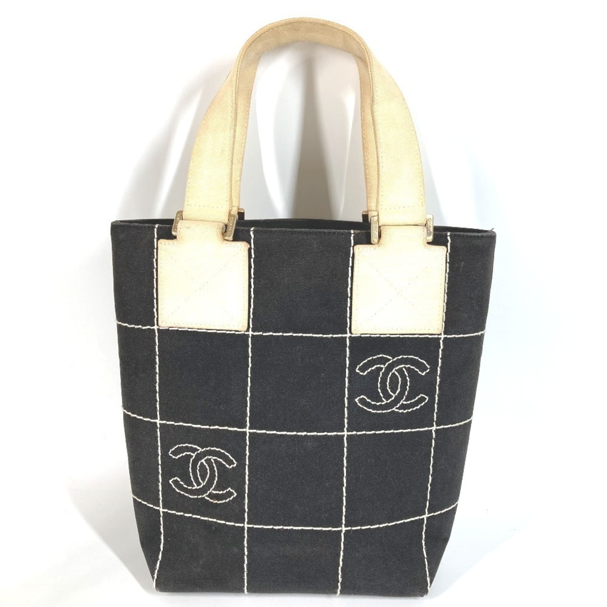 Chanel Black White Cotton Handbag Shoulder Bag Tote Bag (Pre-Owned)