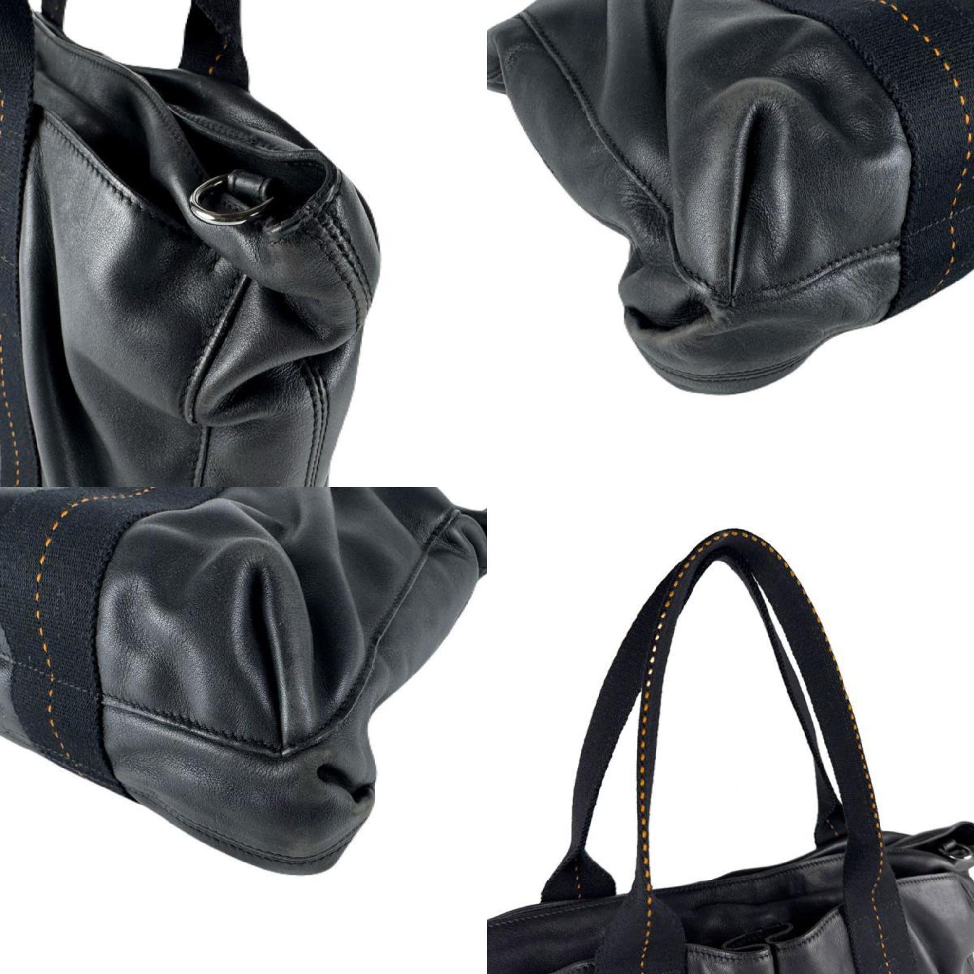 Hermes Black Leather Cotton Handbag Shoulder Bag (Pre-Owned)