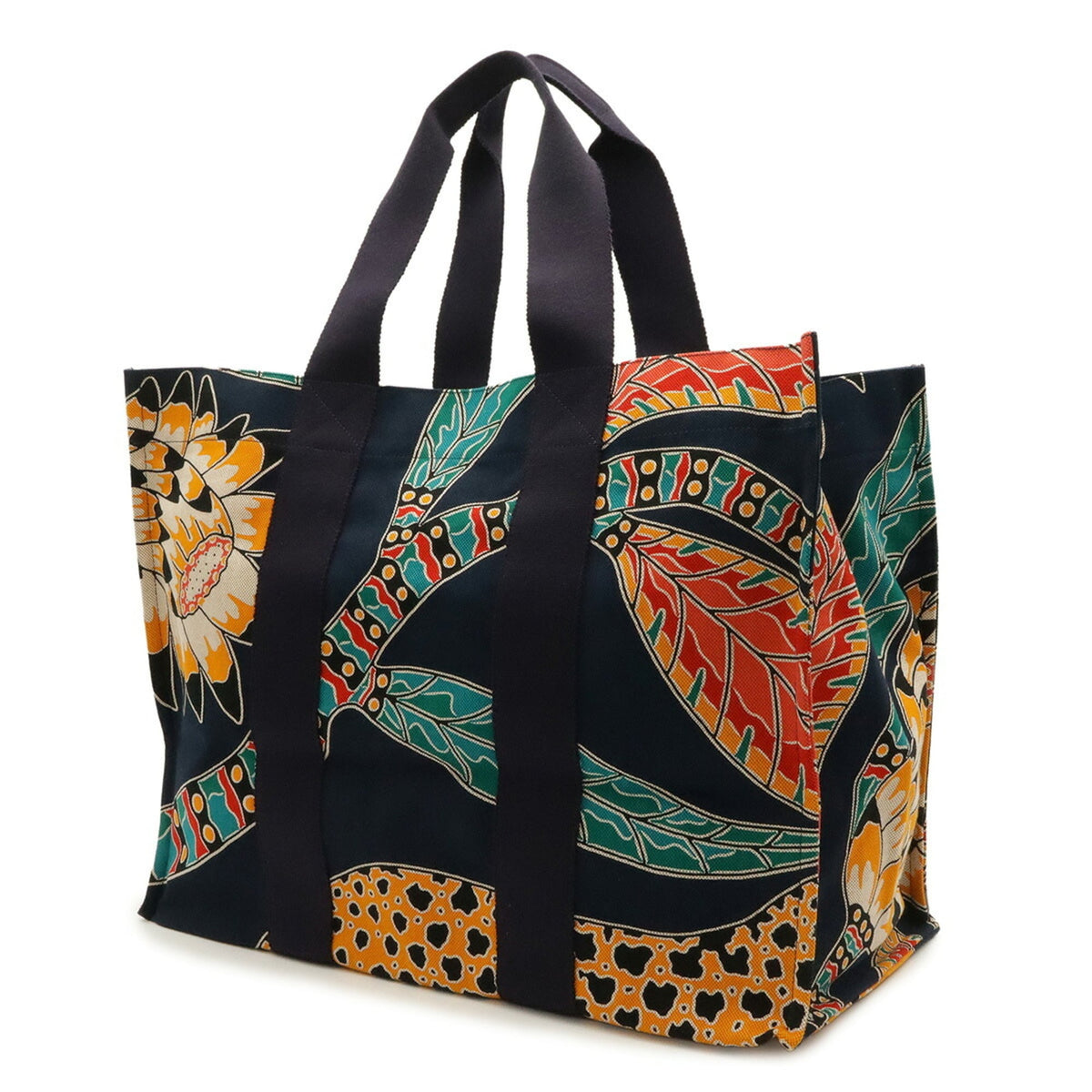 Hermes Dark Navy Multi-Color Canvas Beach Bag Pouch Shoulder Bag Tote Bag (Pre-Owned)