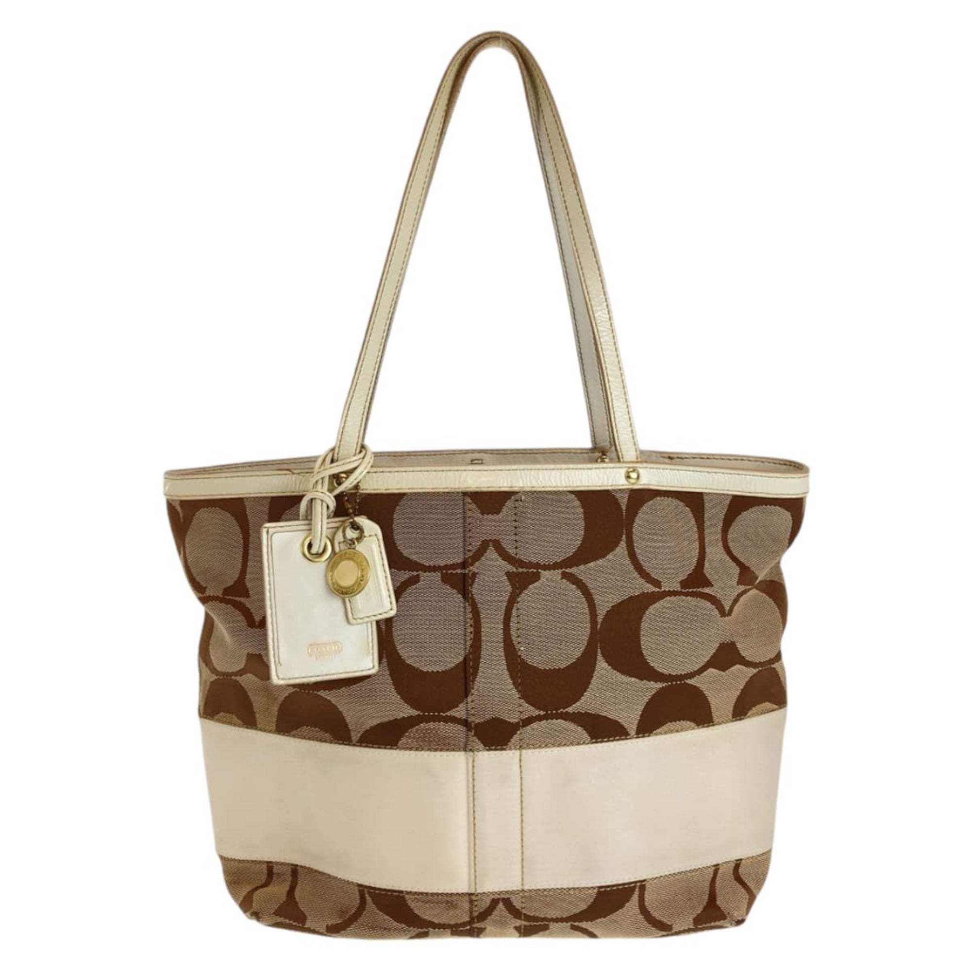 Coach Beige Brown White Canvas Leather Shoulder Bag Tote Bag (Pre-Owned)
