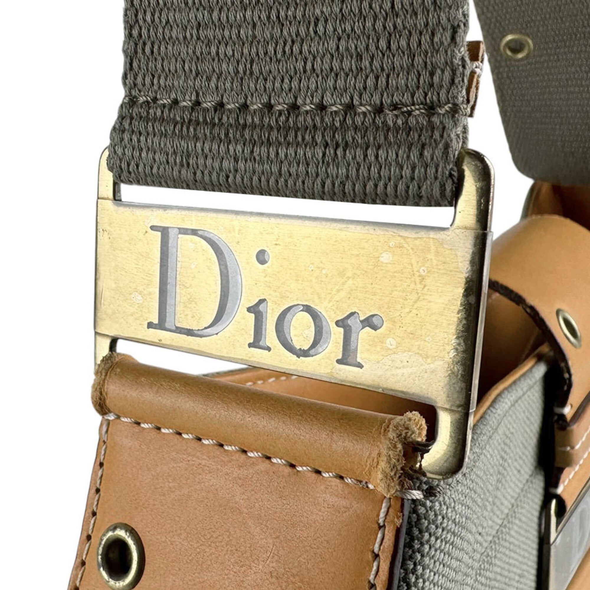Christian Dior Brown Green Canvas Leather Shoulder Bag (Pre-Owned)