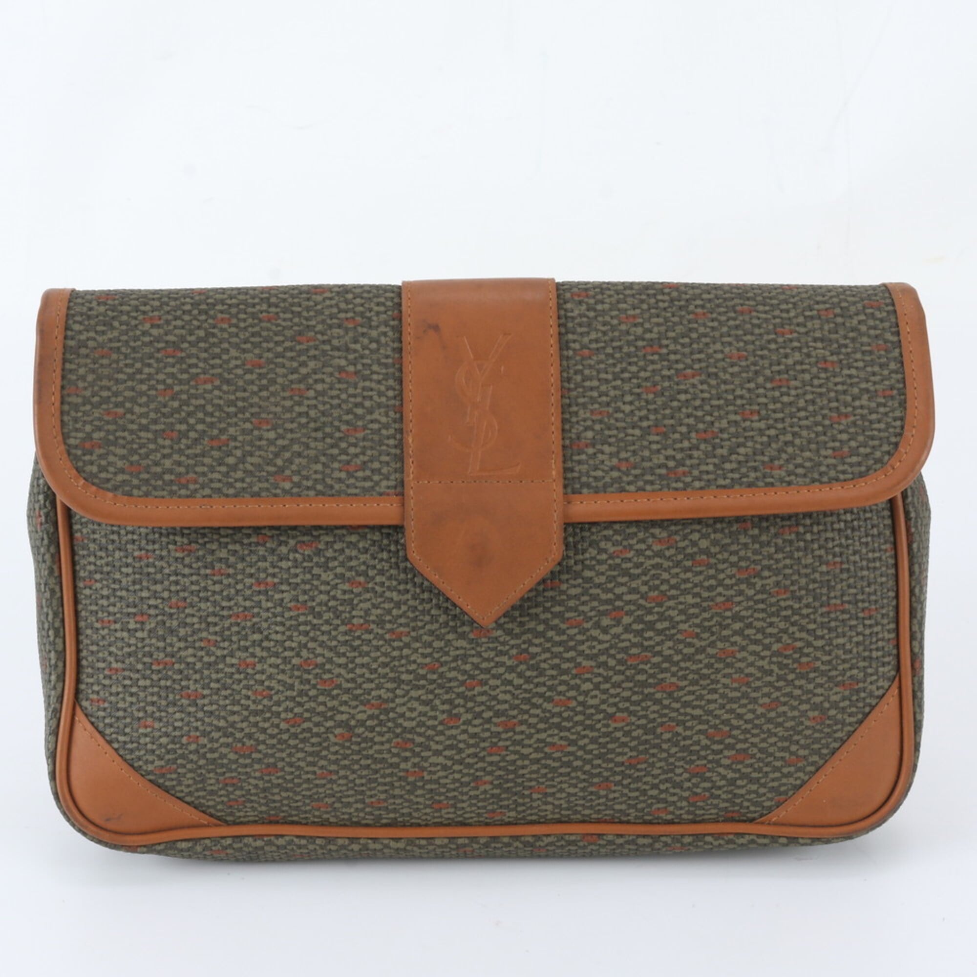 Saint Laurent Brown Green Khaki Leather Coated Canvas Clutch Bag Pouch (Pre-Owned)