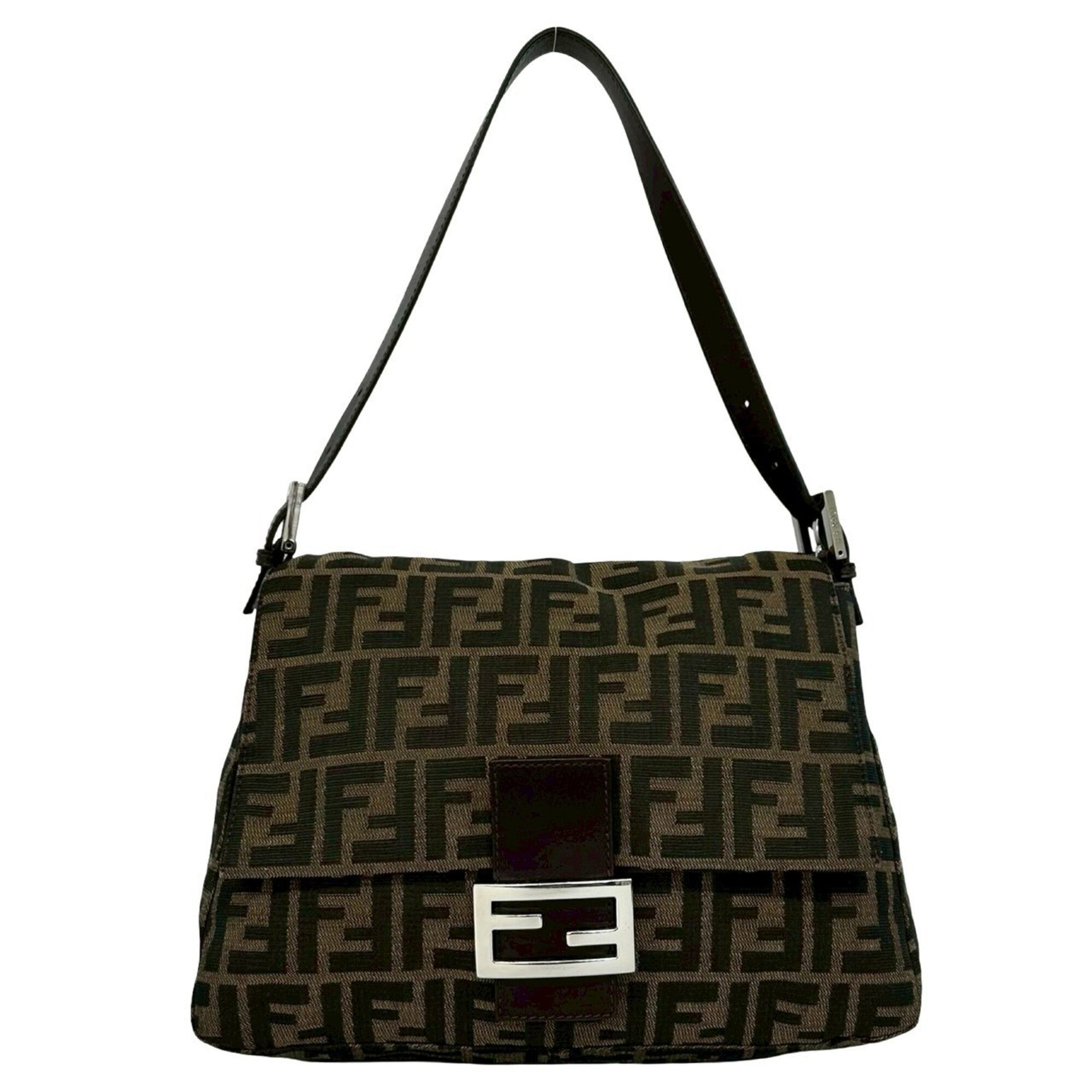 Fendi Black Brown Khaki Canvas Leather Handbag Shoulder Bag (Pre-Owned)