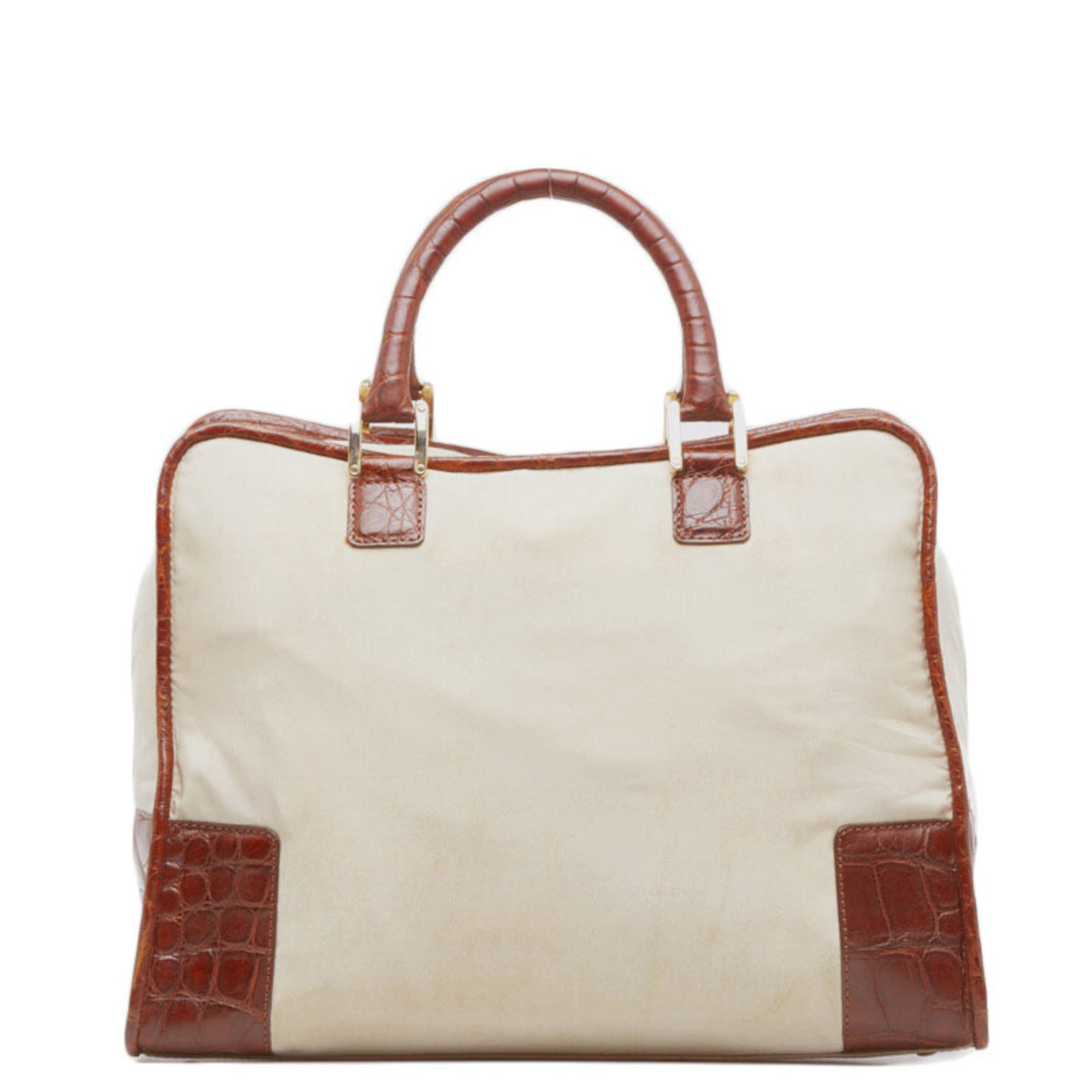 Loewe Beige Brown Nylon Leather Boston Bag Handbag (Pre-Owned)