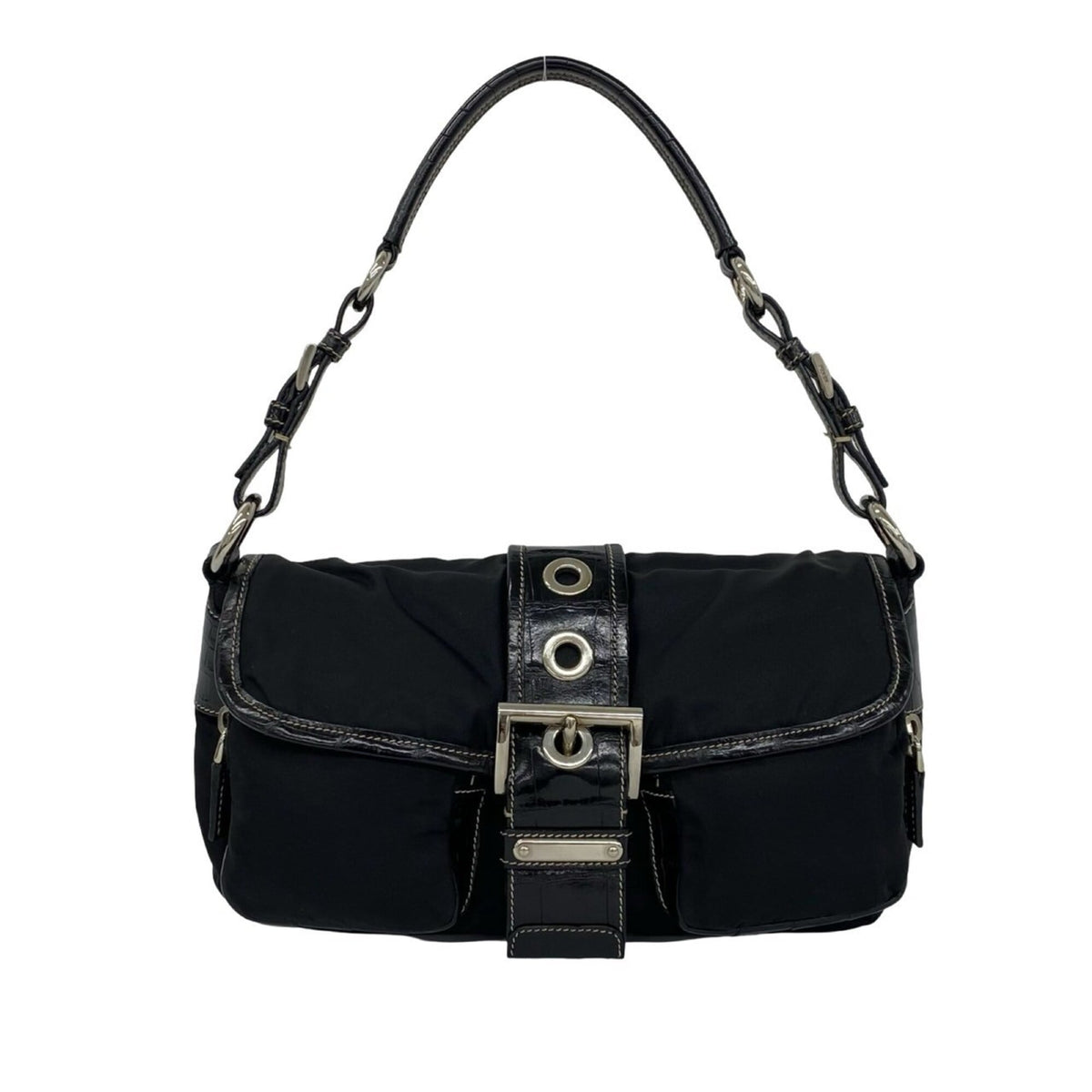 Prada Black Leather Nylon Handbag Shoulder Bag (Pre-Owned)