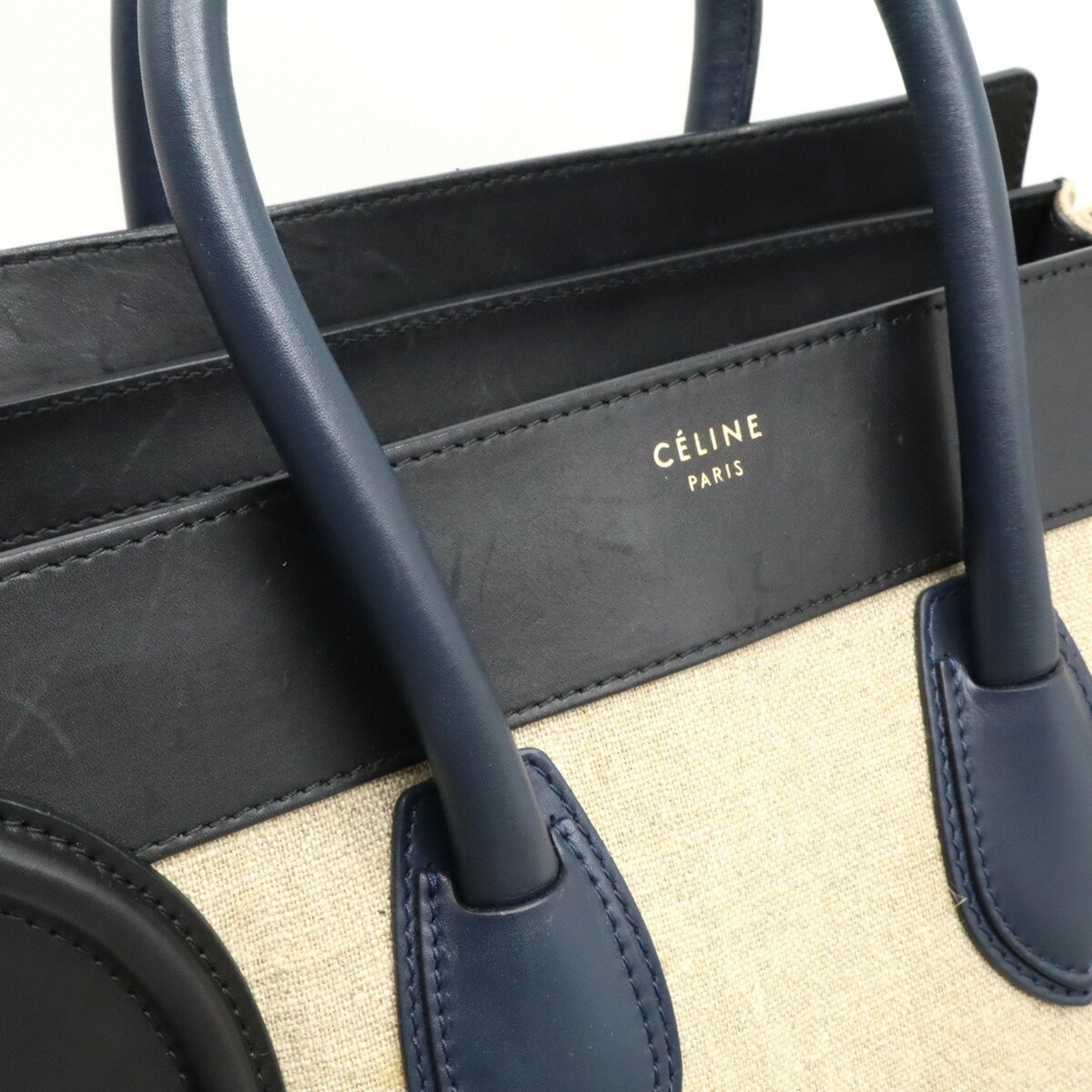 Celine Beige Black Navy Linen Leather Handbag Tote Bag (Pre-Owned)