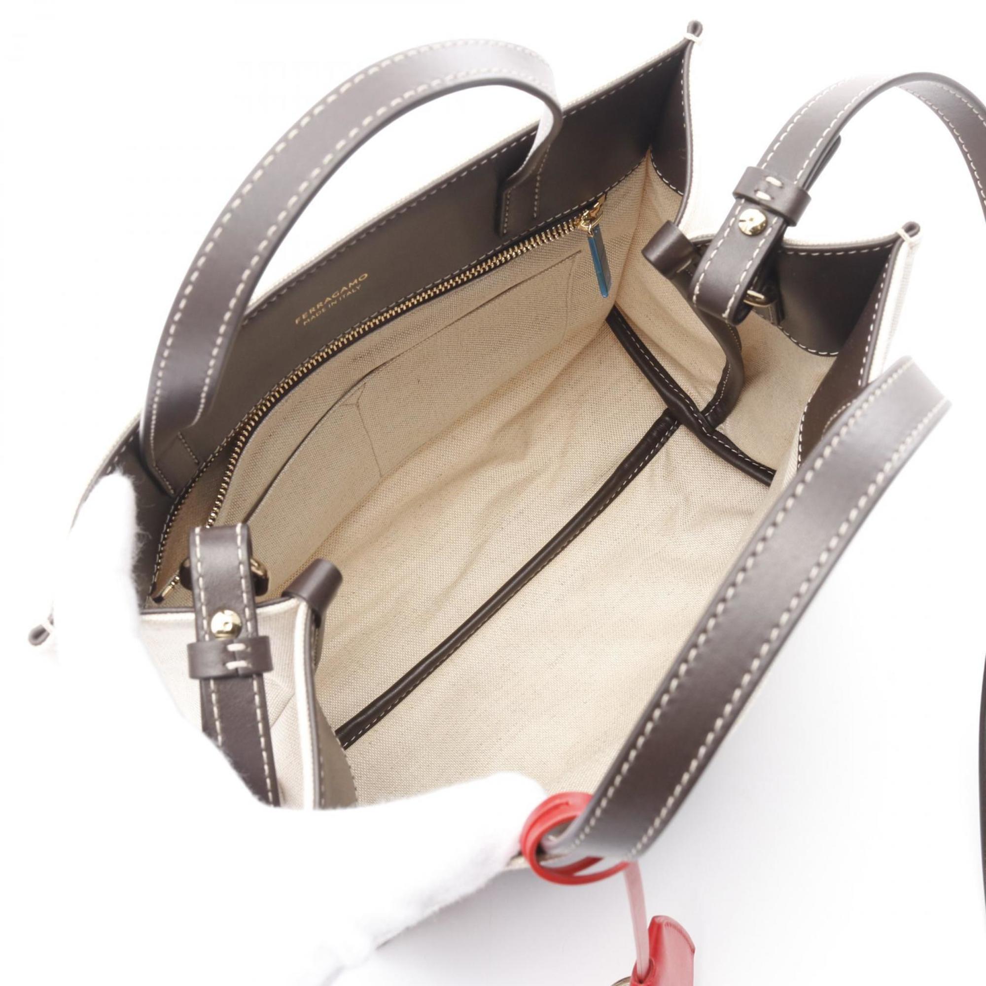 Salvatore Ferragamo Beige Brown Multi-Color Canvas Leather Tote Bag (Pre-Owned)