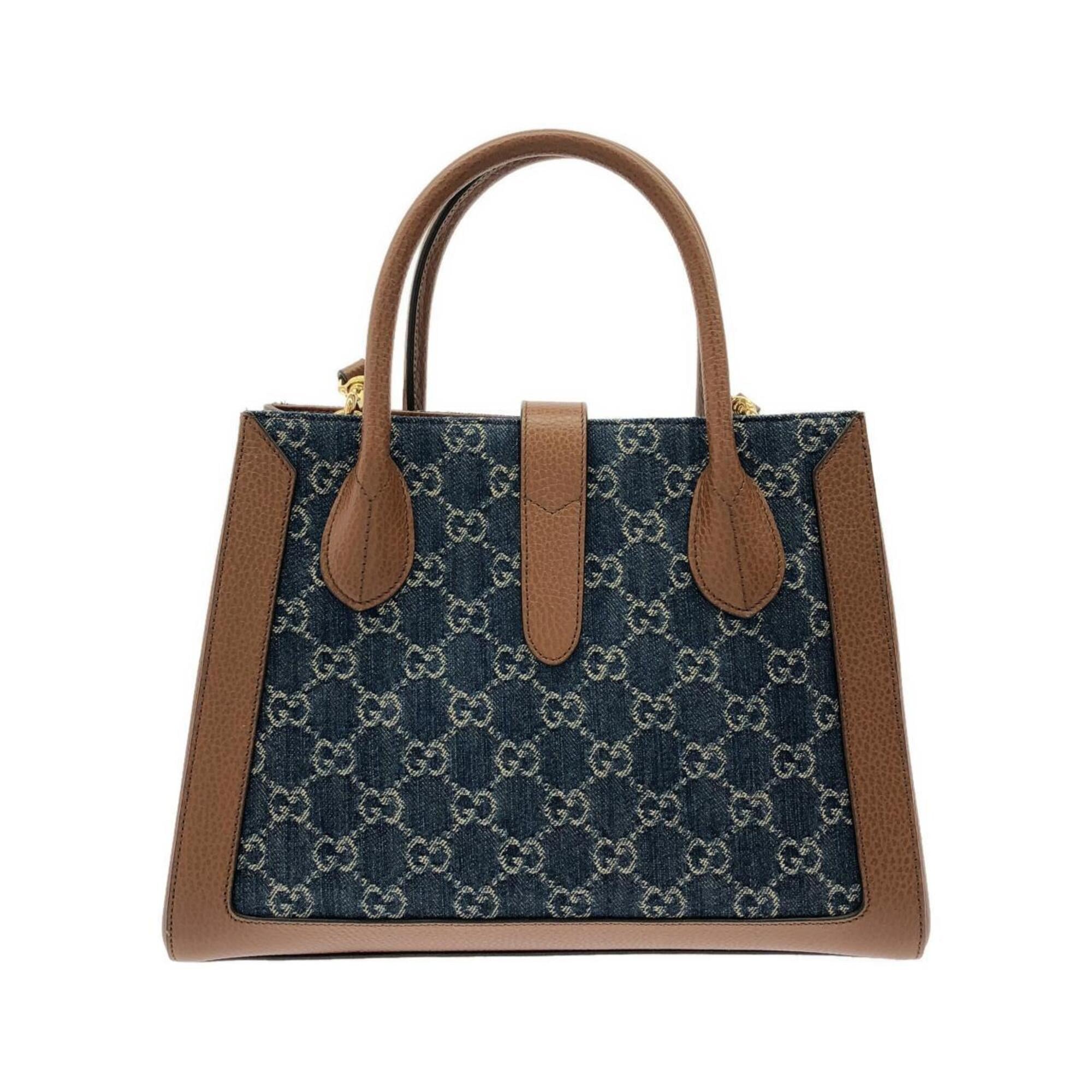 Gucci Brown Dark Blue Jacquard Denim Leather Handbag (Pre-Owned)