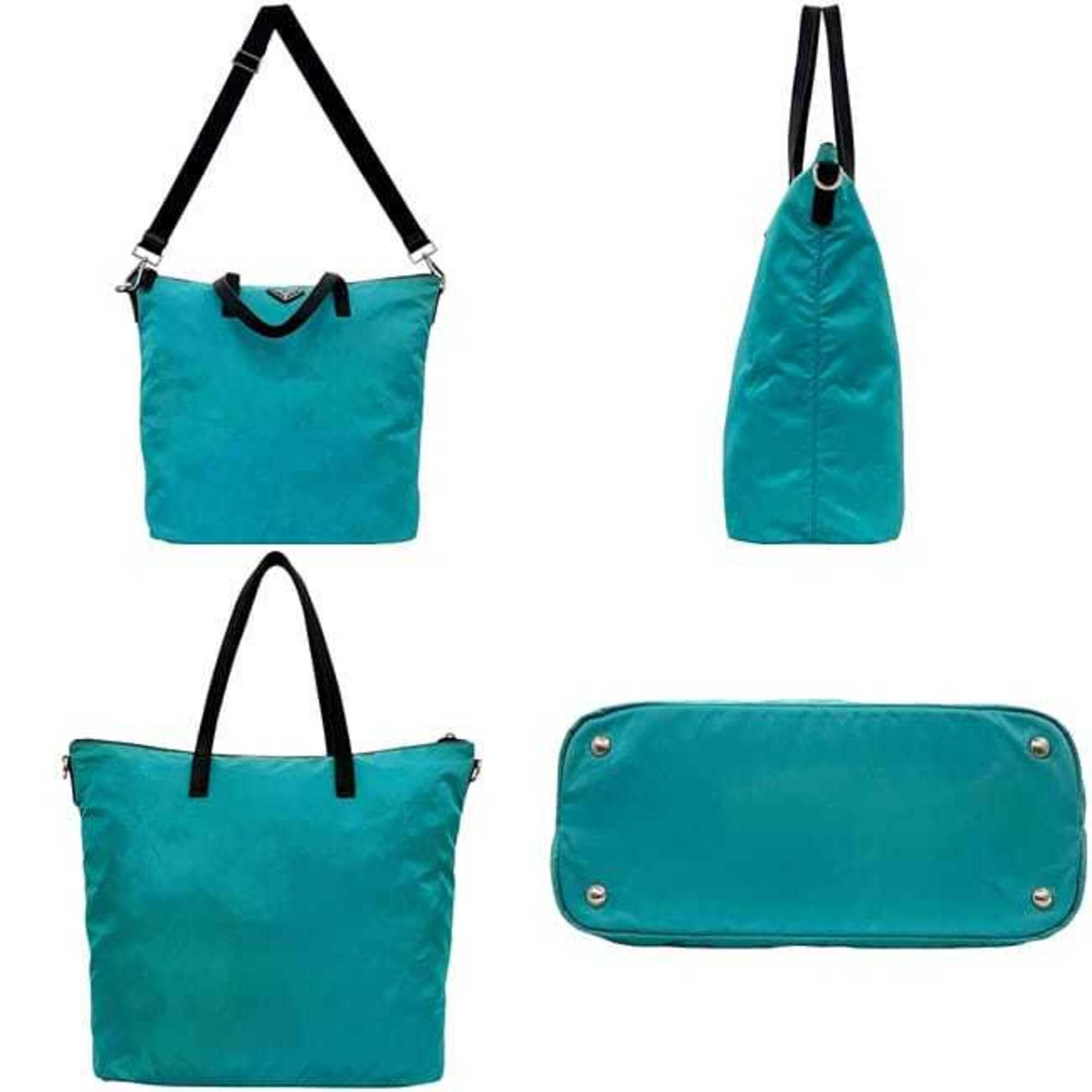 Prada Light Blue Nylon Leather Shoulder Bag Tote Bag (Pre-Owned)