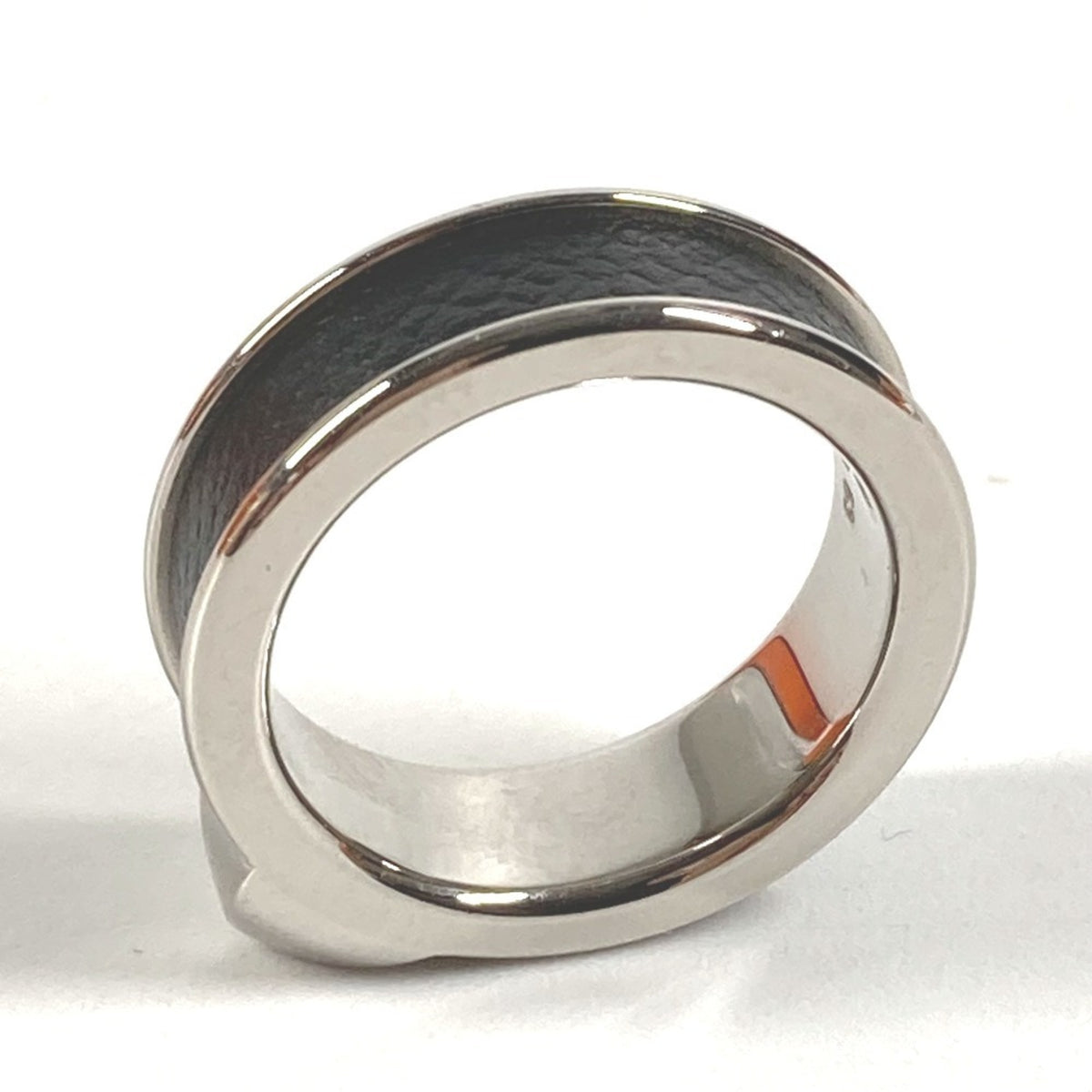 Hermes Black Leather Metal Band Ring (Pre-Owned)