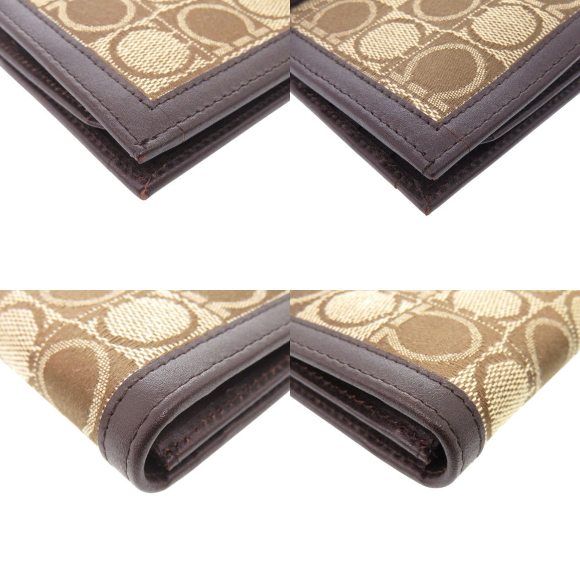 Salvatore Ferragamo Beige Brown Jacquard Leather Long Wallet (Tri-Fold) (Pre-Owned)