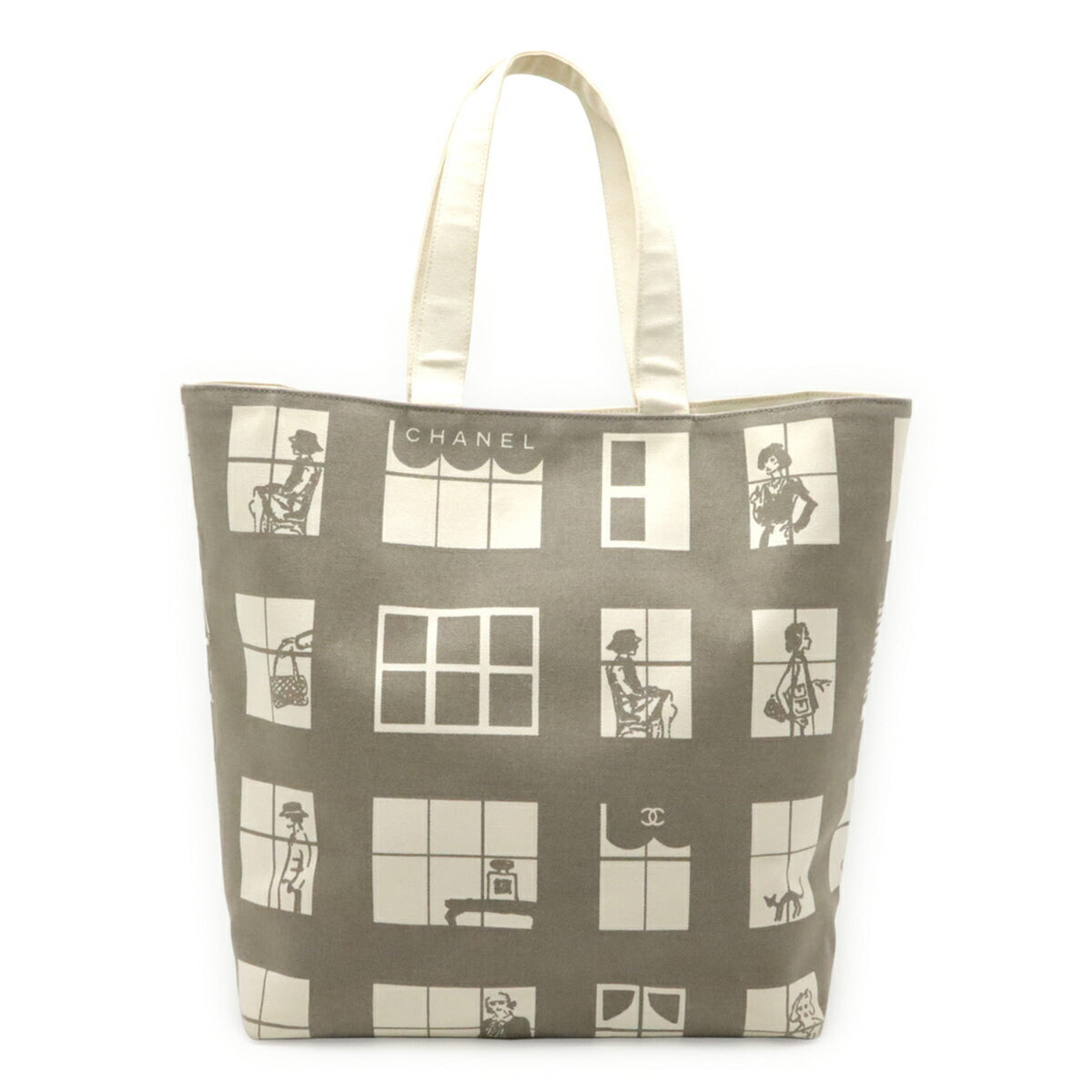 Chanel Gray Ivory Canvas Tote Bag (Pre-Owned)