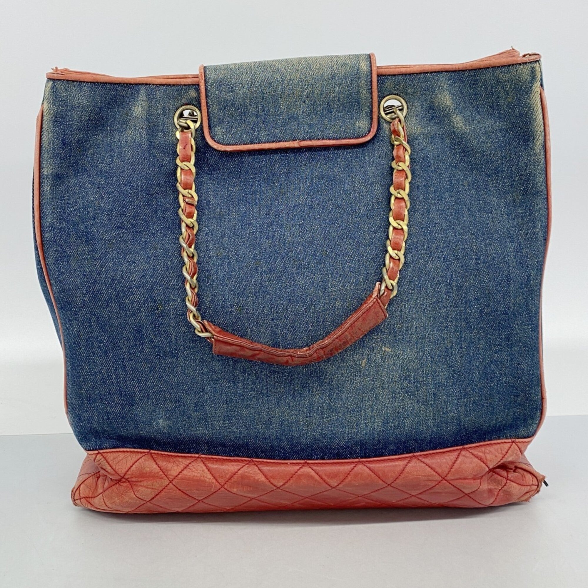 Chanel Blue Red Color Leather Denim Tote Bag (Pre-Owned)
