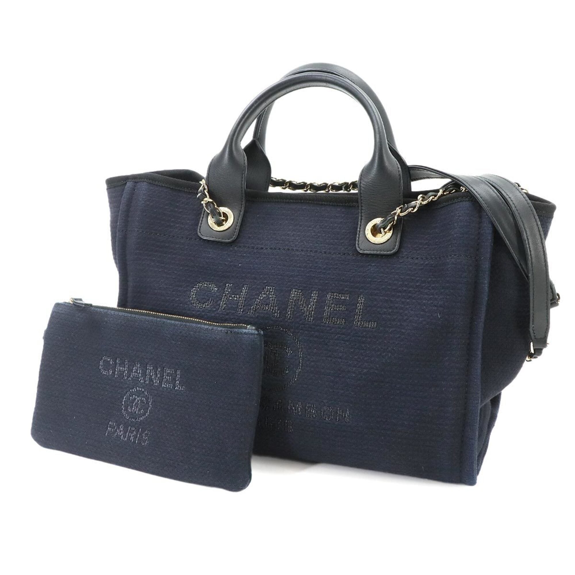 Chanel Navy Canvas Leather Handbag Shopping Bag Tote Bag (Pre-Owned)