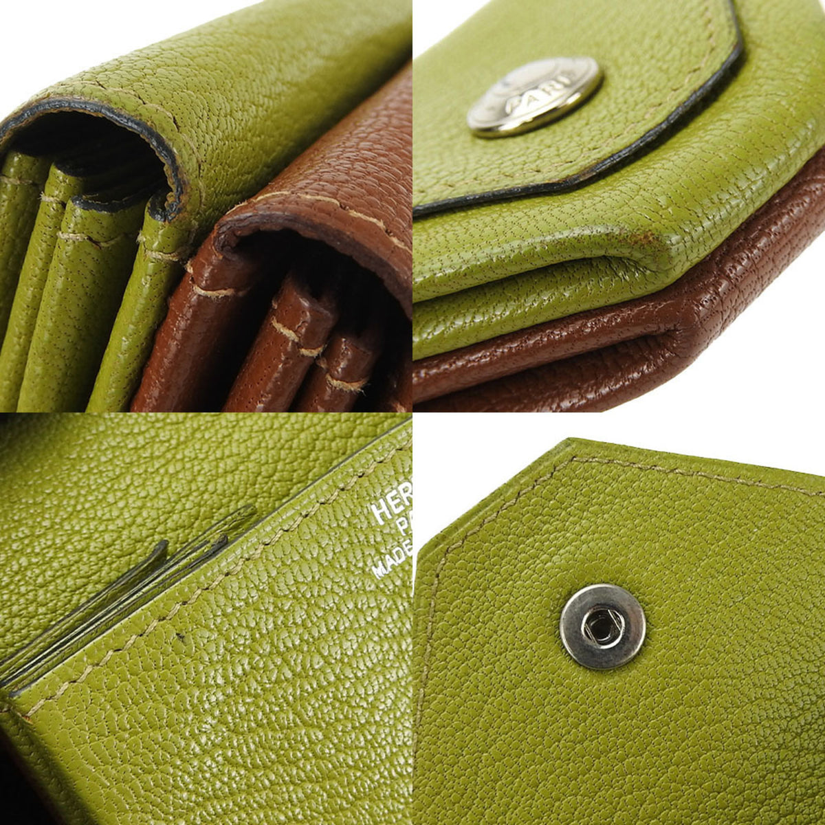 Hermes Le 24 Brown Green Chevre Leather Coin Purse/Coin Case (Pre-Owned)