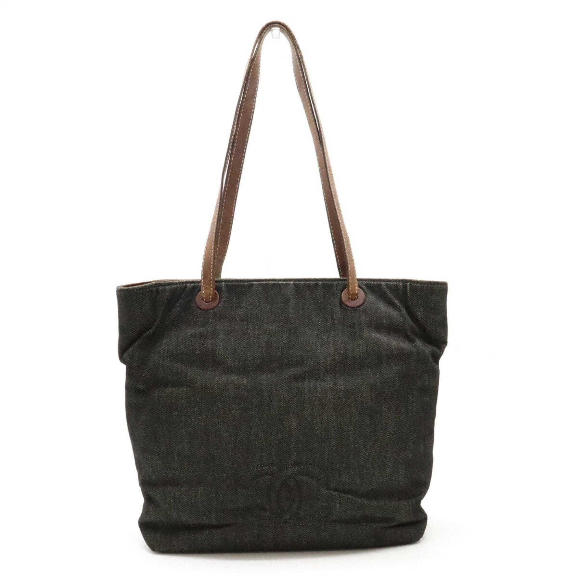 Chanel Denim Black Dark Brown Denim Leather Shoulder Bag Tote Bag (Pre-Owned)