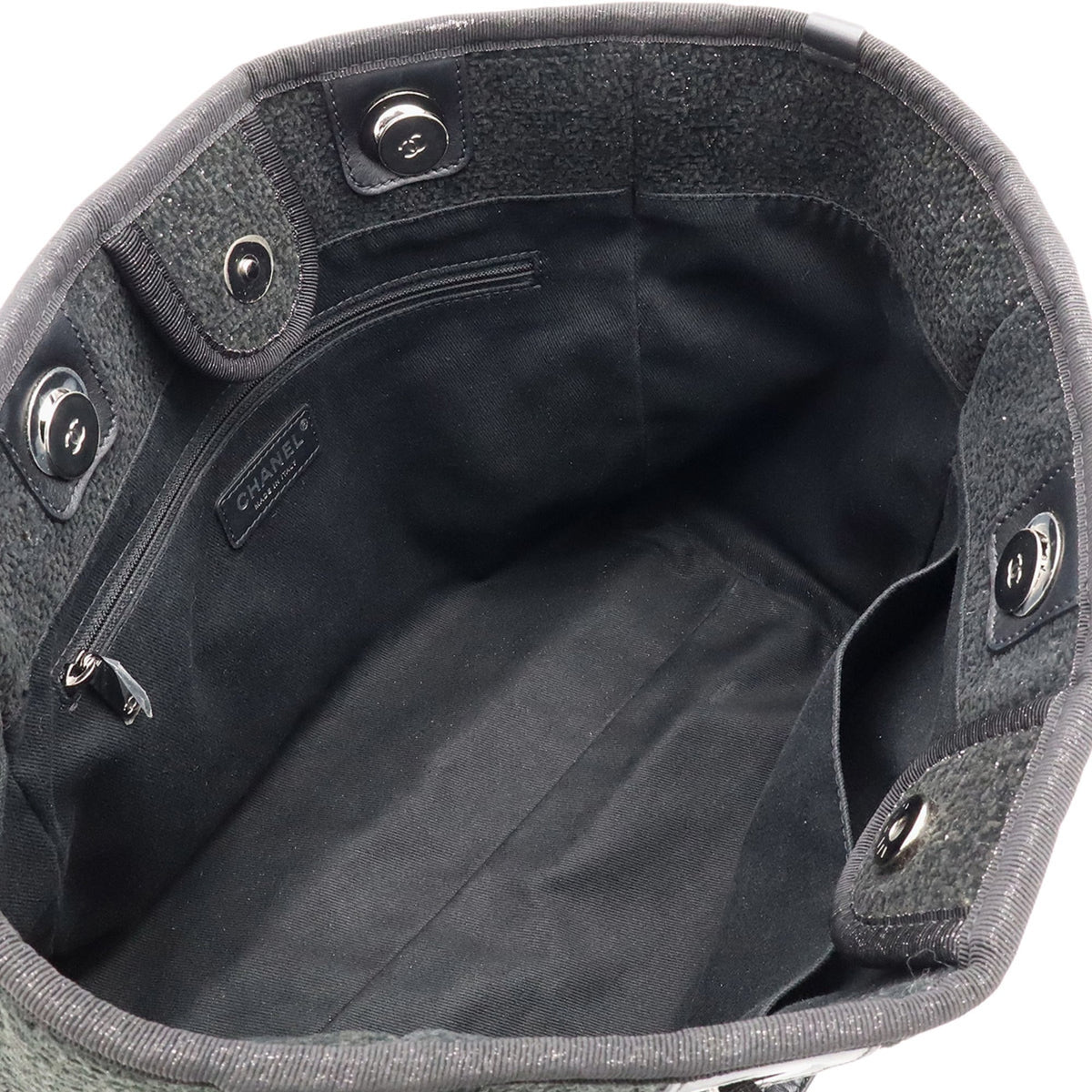 Chanel Black Gray Cotton Leather Shoulder Bag Tote Bag (Pre-Owned)