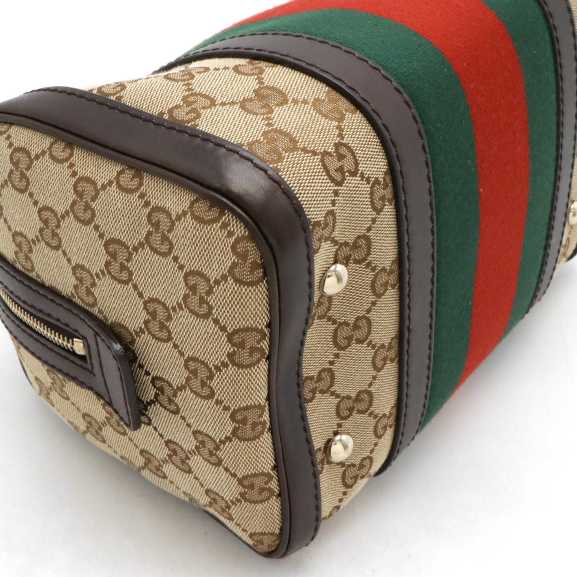 Gucci Beige Dark Brown Green Khaki Red Color Canvas Leather Handbag Shoulder Bag (Pre-Owned)