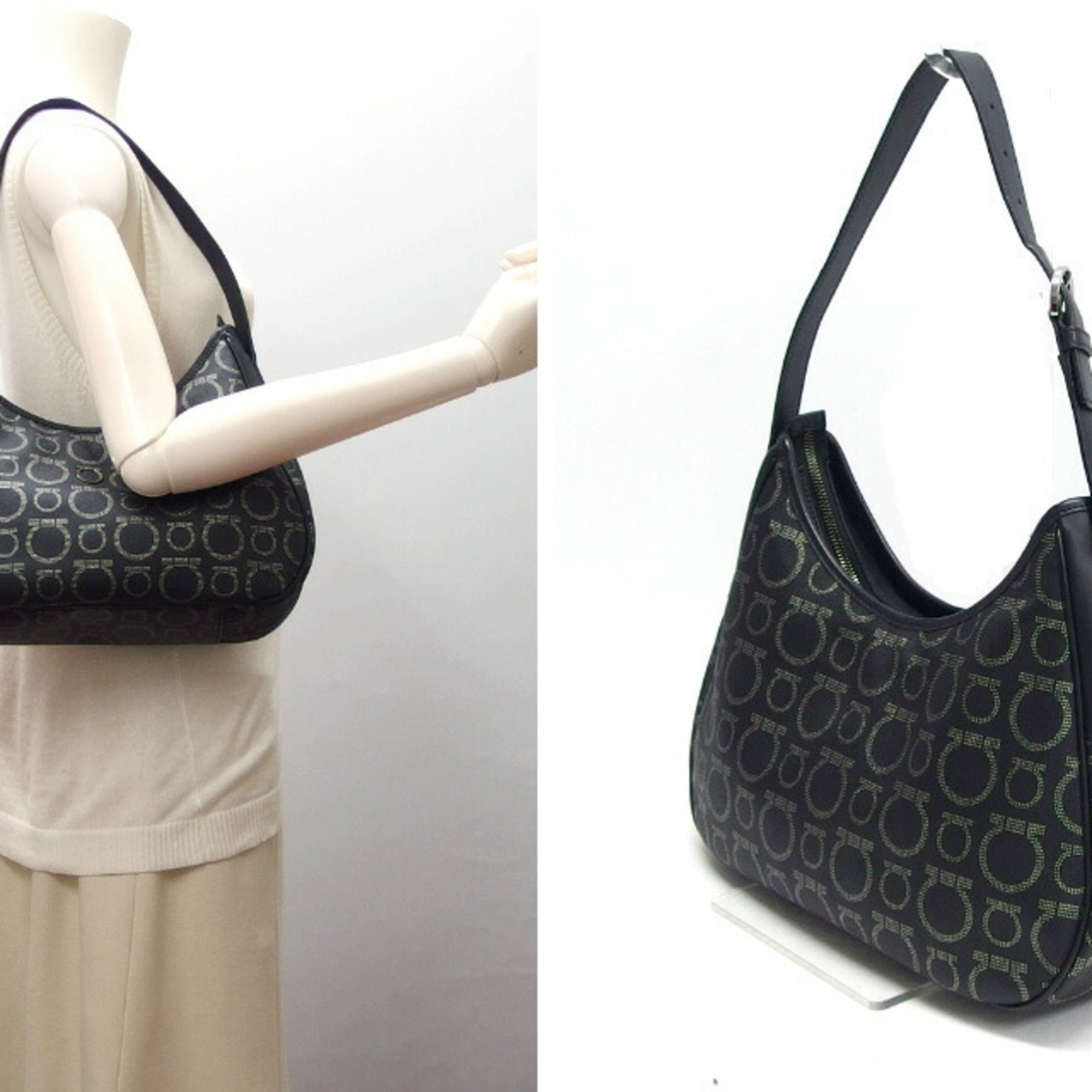 Salvatore Ferragamo Gancini Black Coated Canvas Leather Shoulder Bag (Pre-Owned)