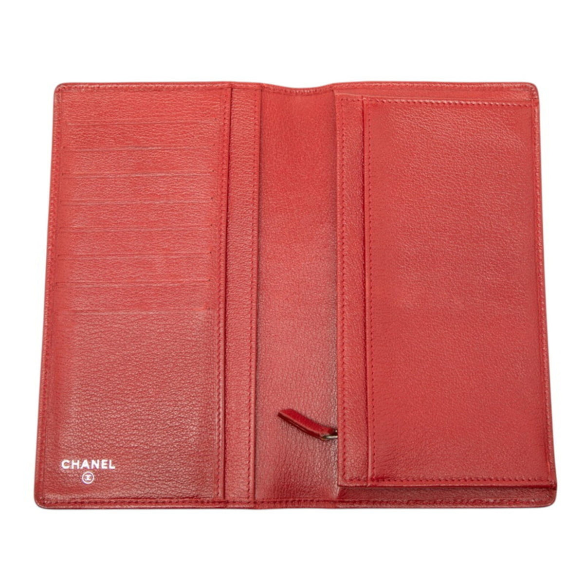 Chanel Red Color Leather Long Wallet (Bi-Fold) (Pre-Owned)