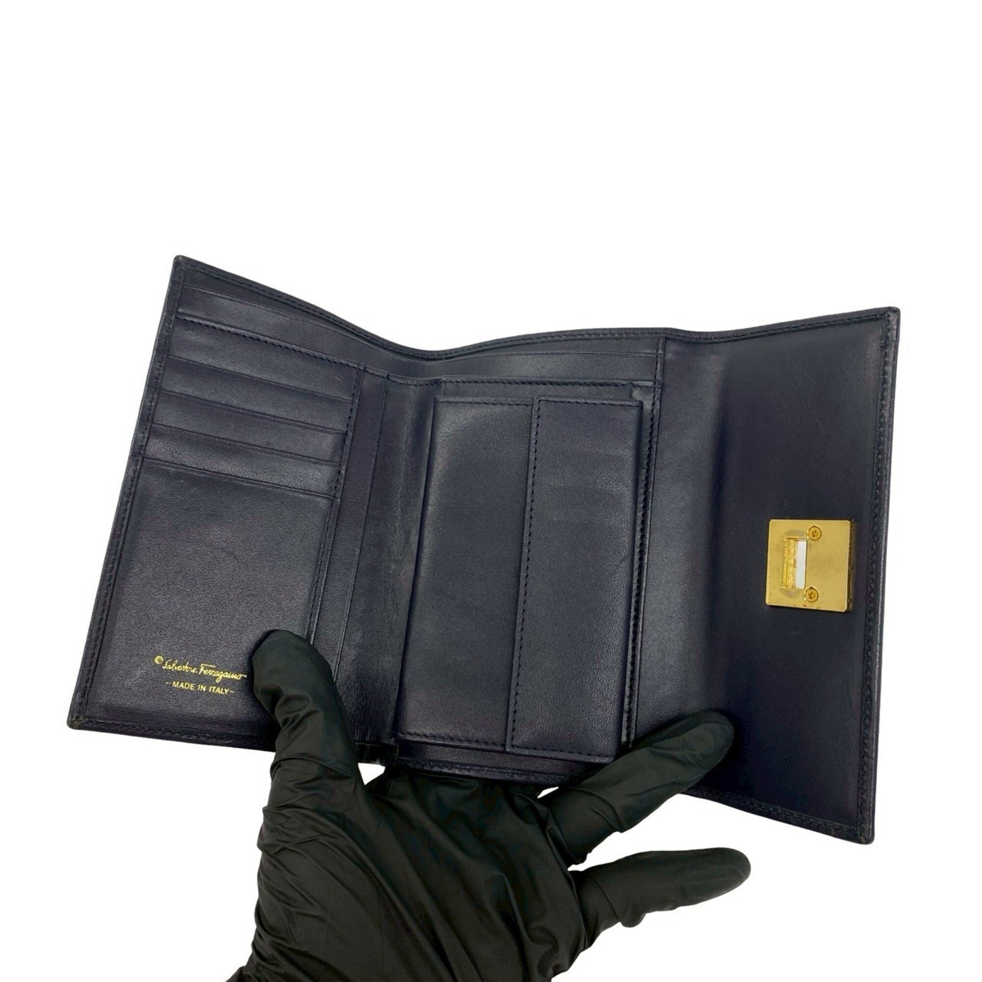 Salvatore Ferragamo Navy Canvas Leather Wallet (Tri-Fold) (Pre-Owned)