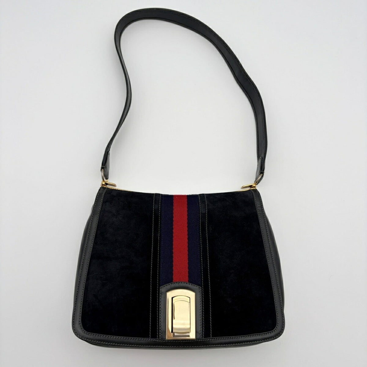 Gucci Sherry Line Navy Red Color Suede Leather Shoulder Bag (Pre-Owned)