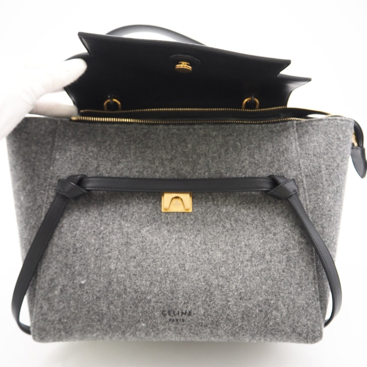 Celine Black Gray Felt Leather Handbag (Pre-Owned)