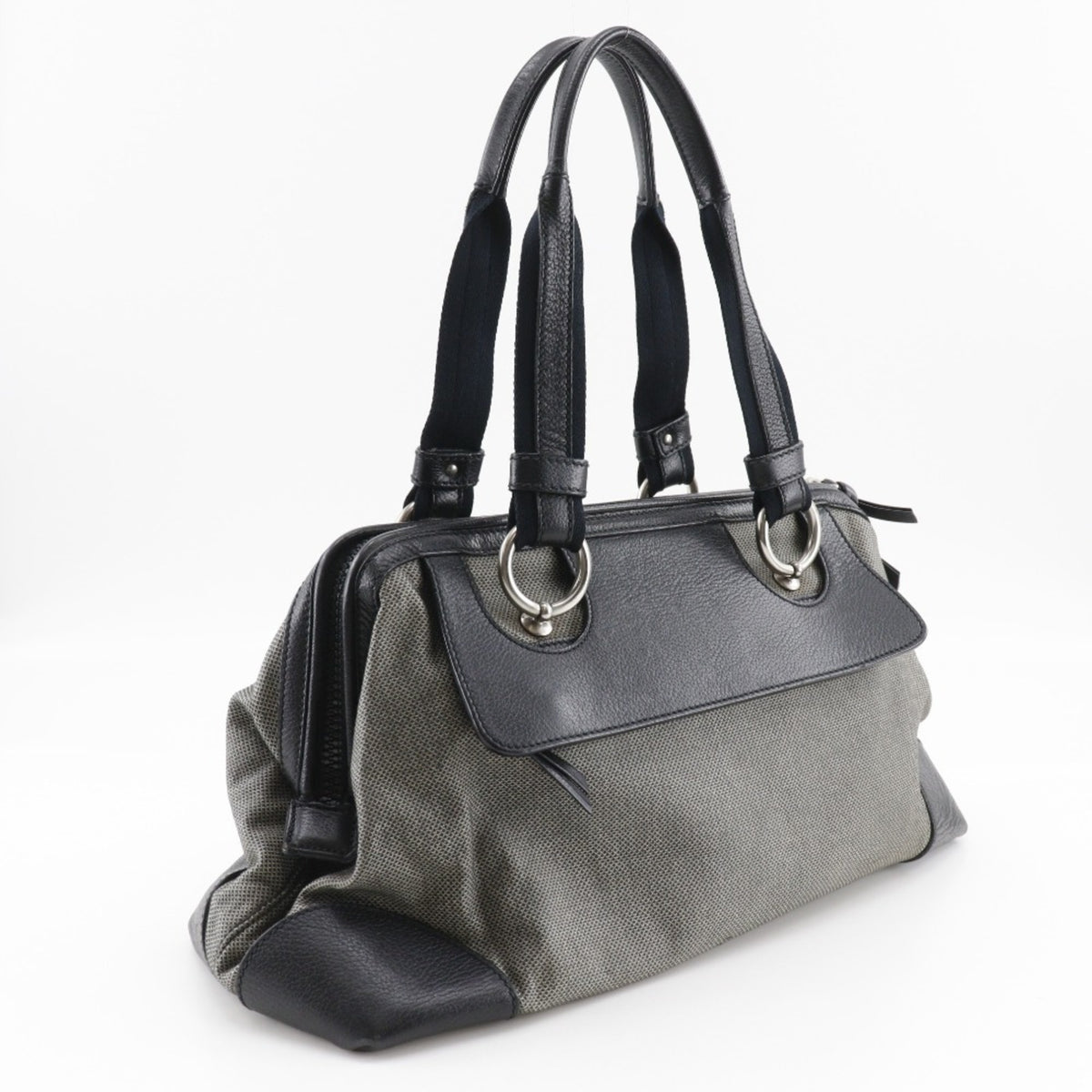 Bottega Veneta Black Gray Canvas Leather Tote Bag (Pre-Owned)