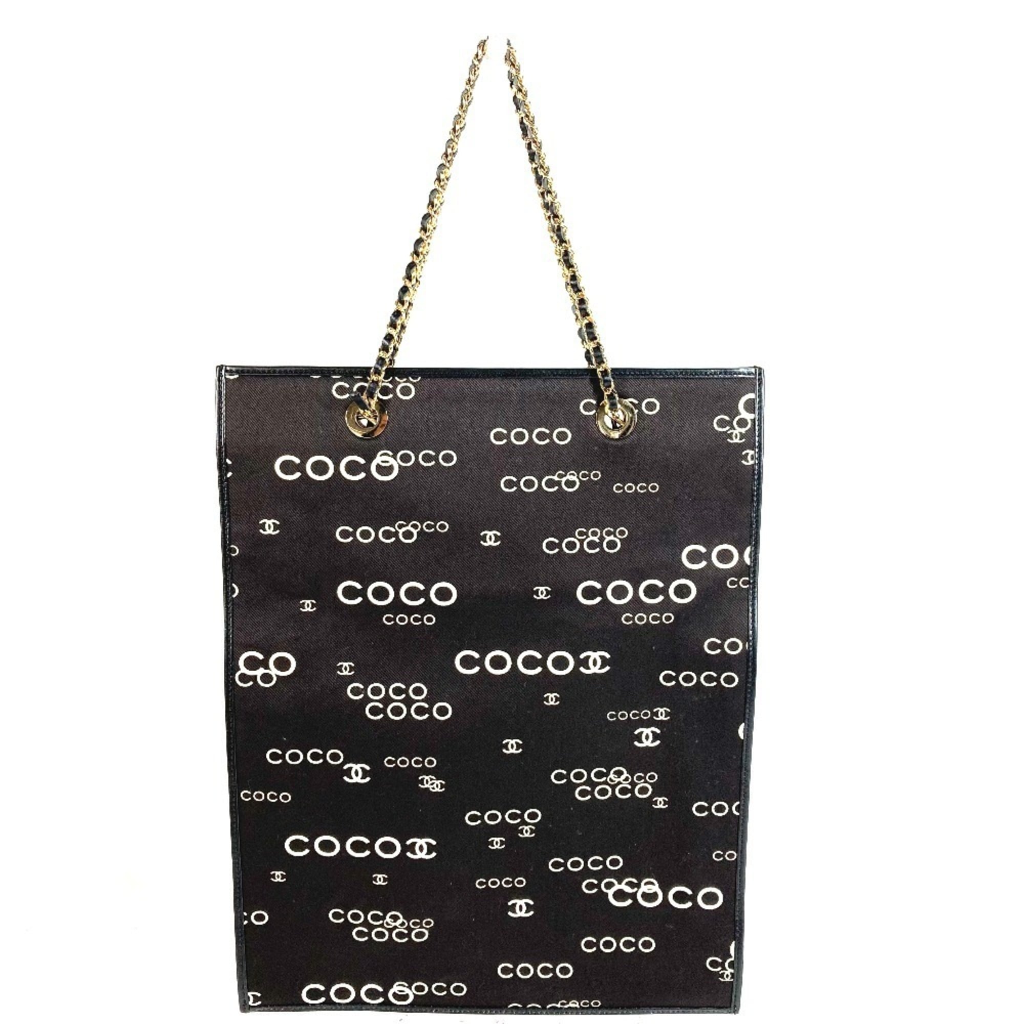 Chanel Black White Leather Canvas Shoulder Bag Tote Bag (Pre-Owned)