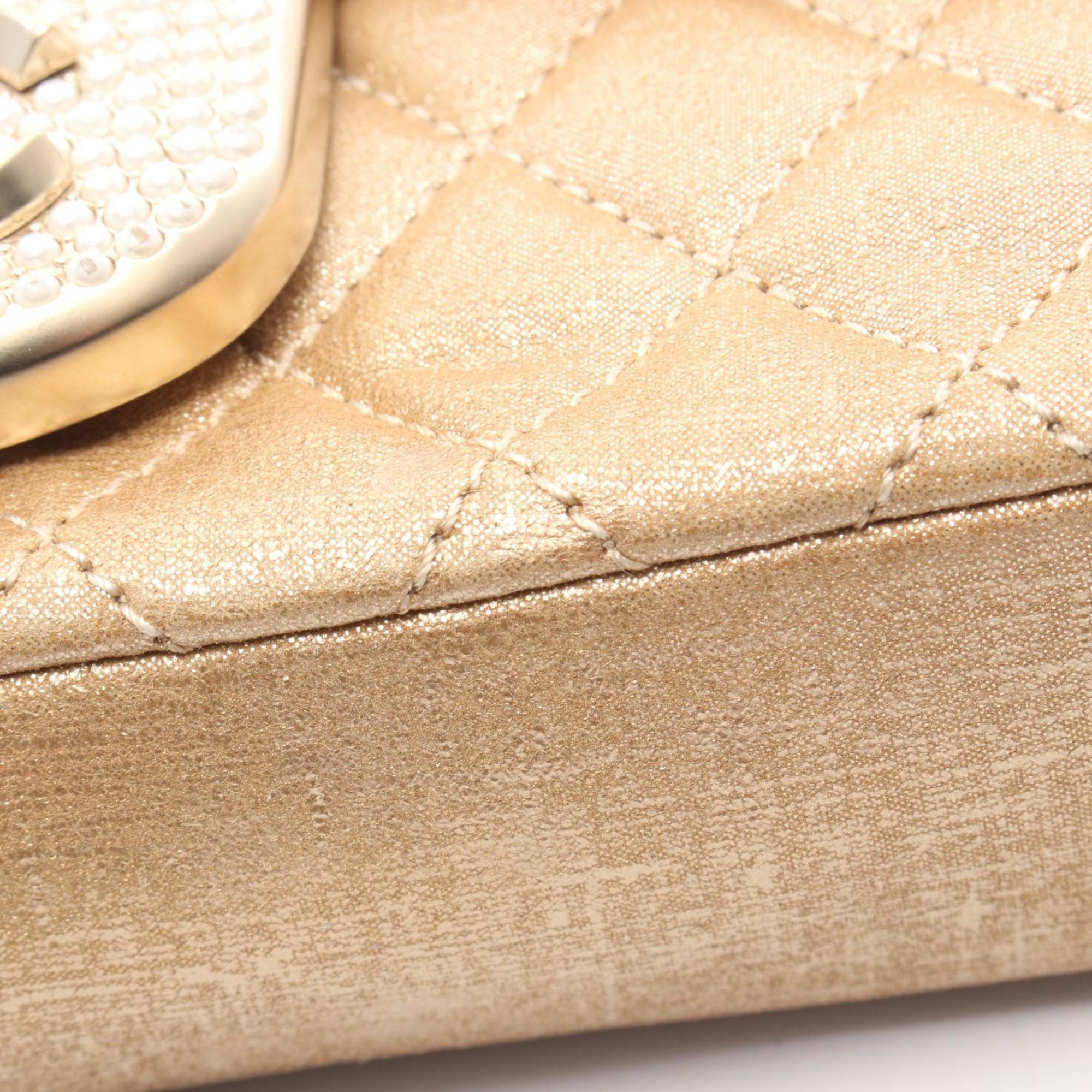 Chanel Beige Gold Gold Brown Fabric Leather Handbag Shoulder Bag (Pre-Owned)