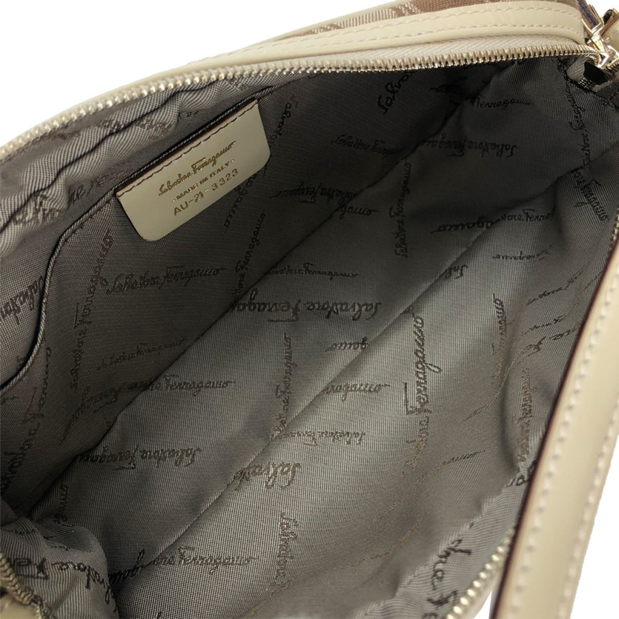 Salvatore Ferragamo Gancini Beige Brown Canvas Leather Shoulder Bag (Pre-Owned)