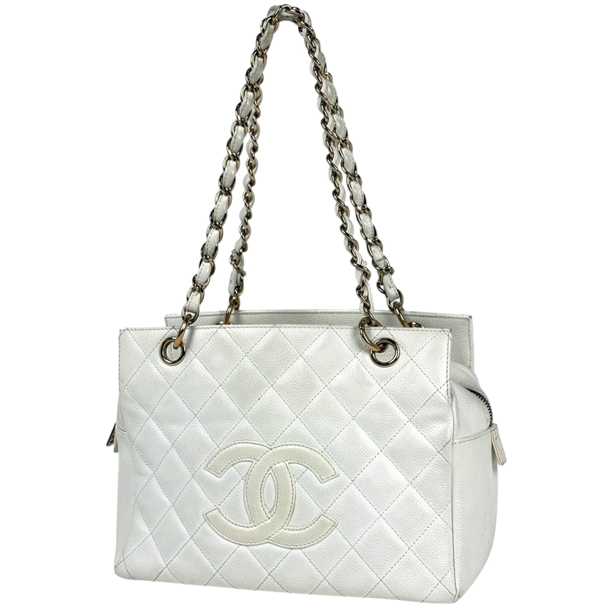 Chanel Matelasse White Grained Calfskin Shoulder Bag Tote Bag (Pre-Owned)