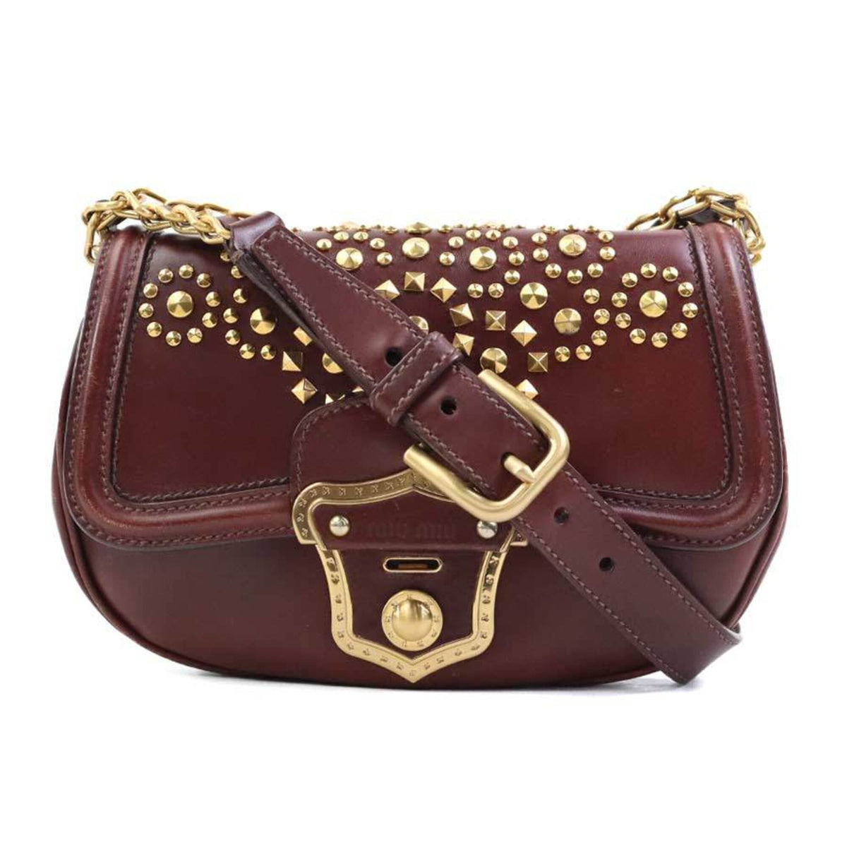 Miu Miu Brown Gold Leather Metal Shoulder Bag (Pre-Owned)