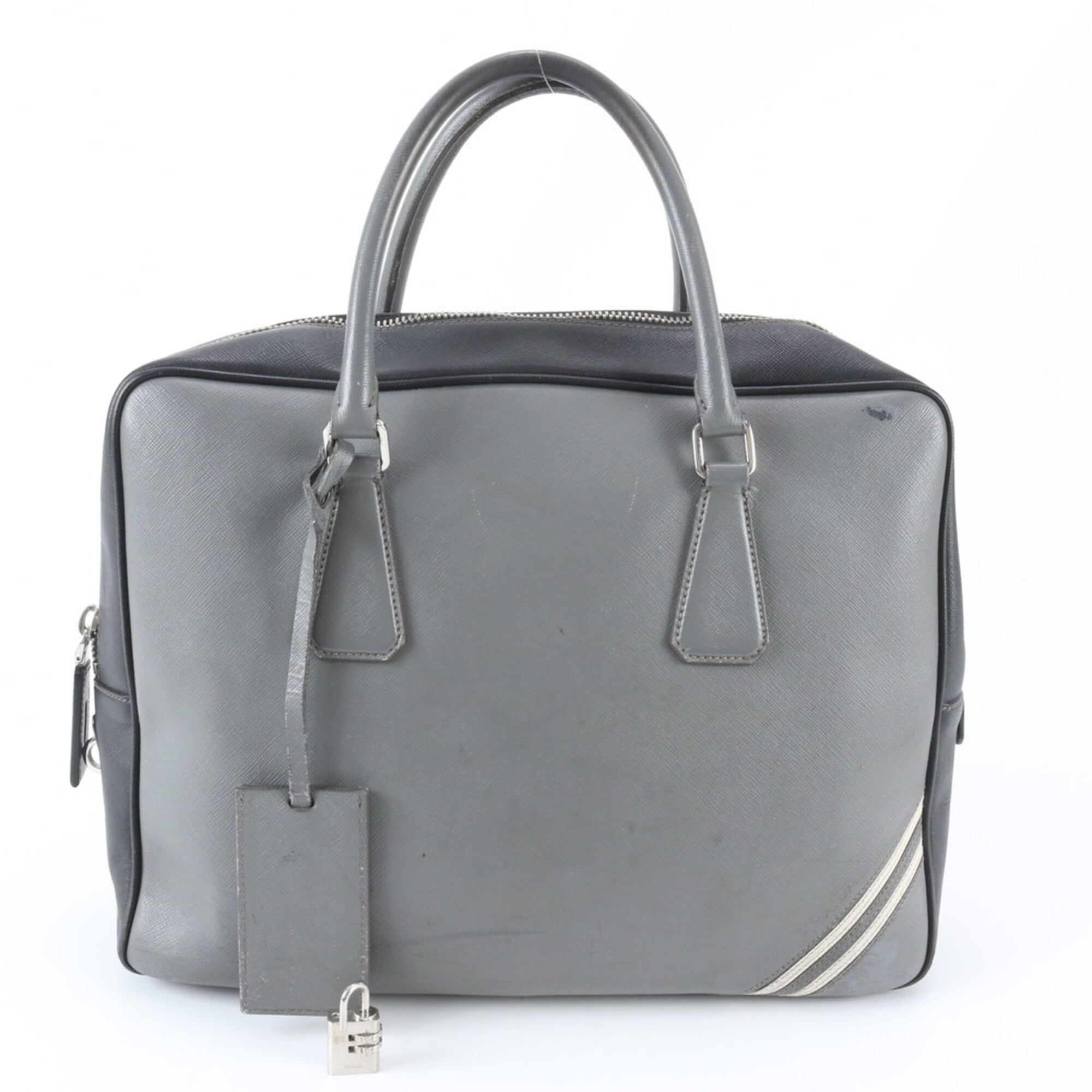 Prada Black Gray Leather Briefcase Handbag (Pre-Owned)