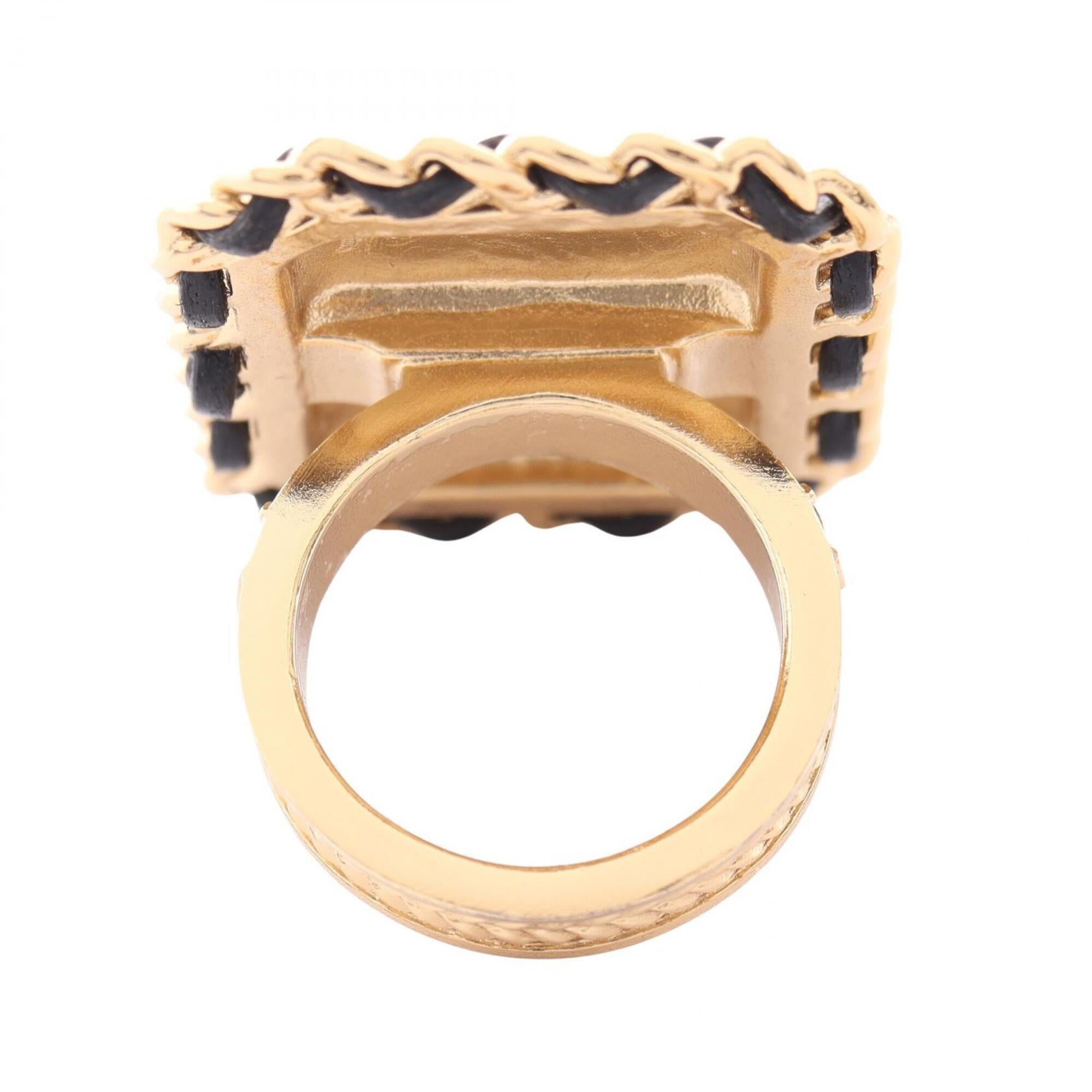 Chanel Gold Black Clear Gold Plating Rhinestone Band Ring (Pre-Owned)