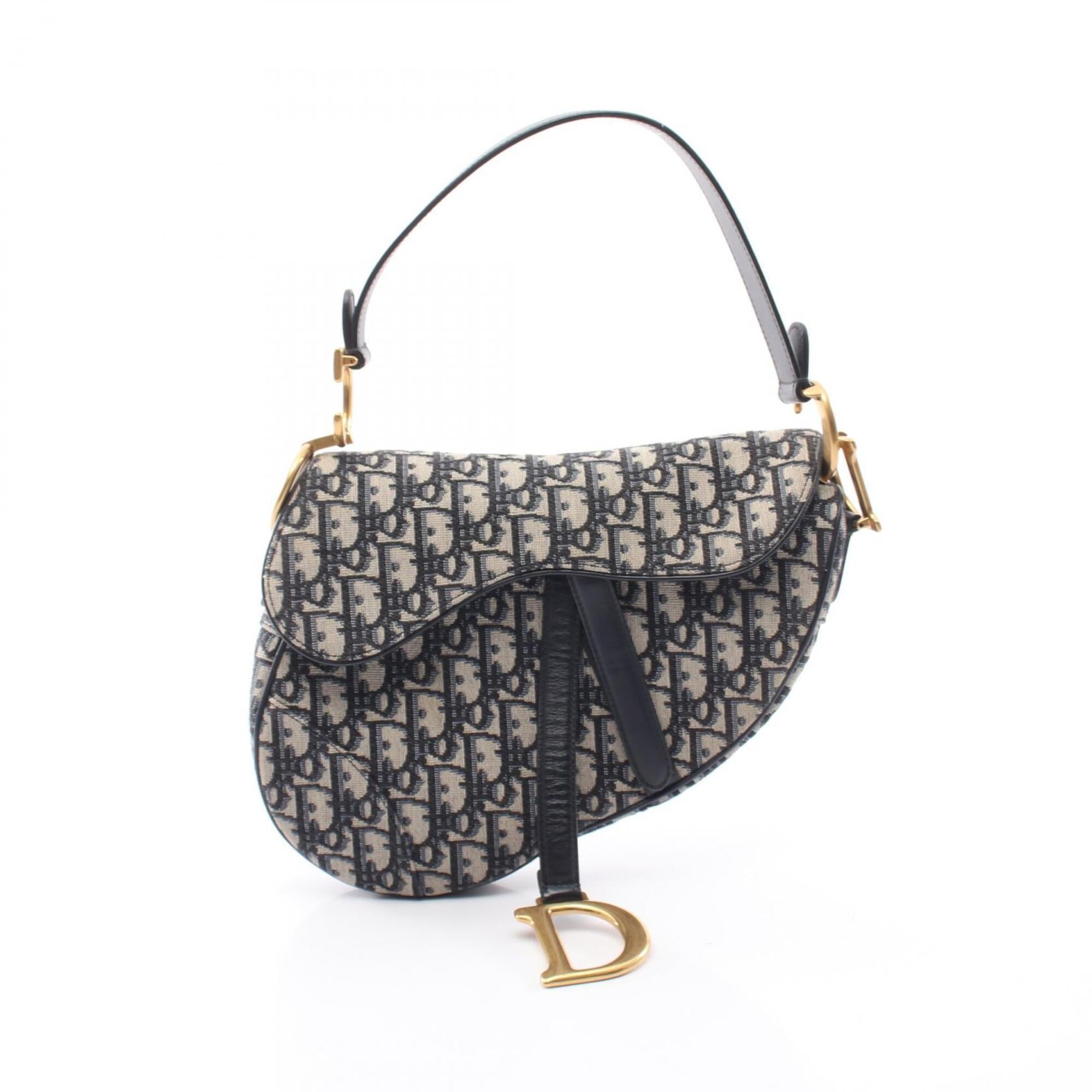 Christian Dior Beige Navy Canvas Leather Handbag Saddle Bag (Pre-Owned)
