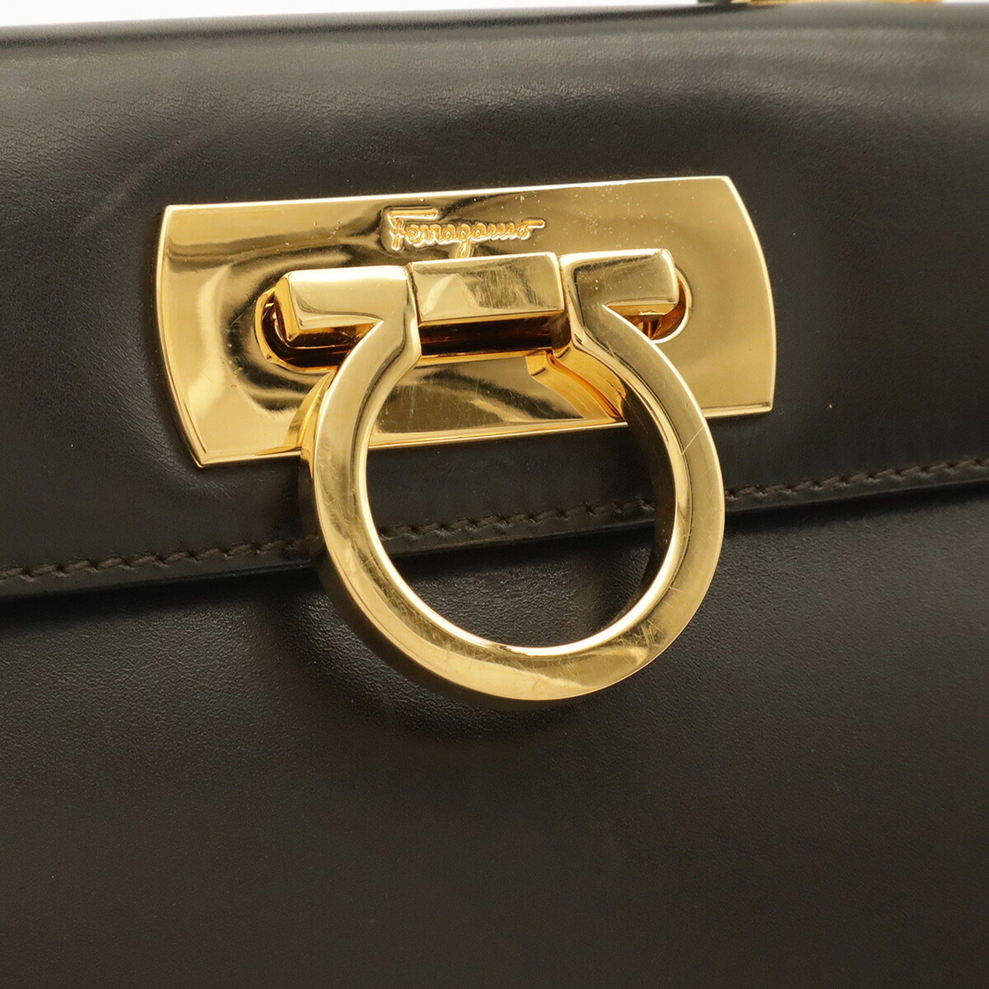 Salvatore Ferragamo Gancini Dark Brown Leather Handbag Shoulder Bag (Pre-Owned)