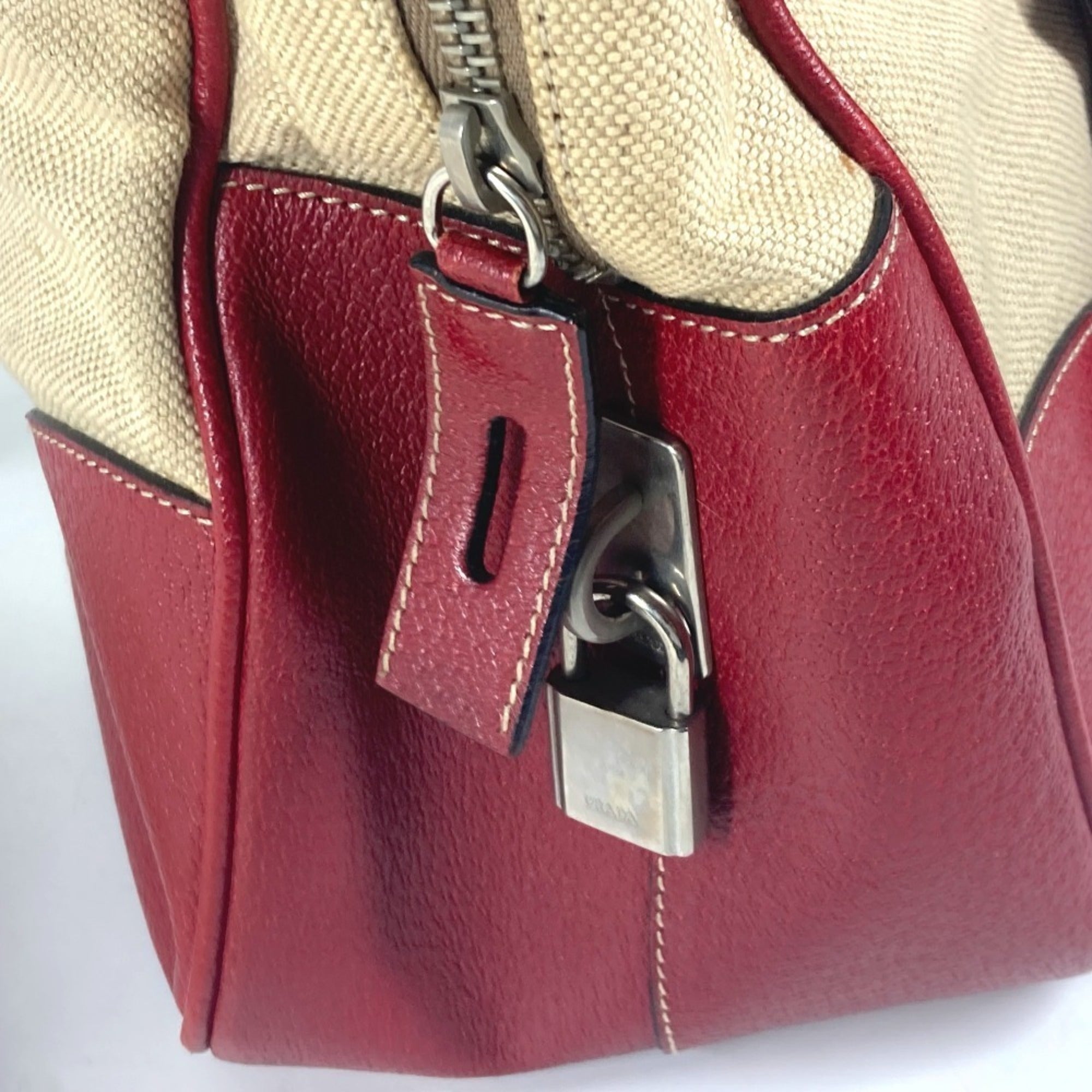 Prada Beige Red Color Leather Canvas Boston Bag Shoulder Bag (Pre-Owned)