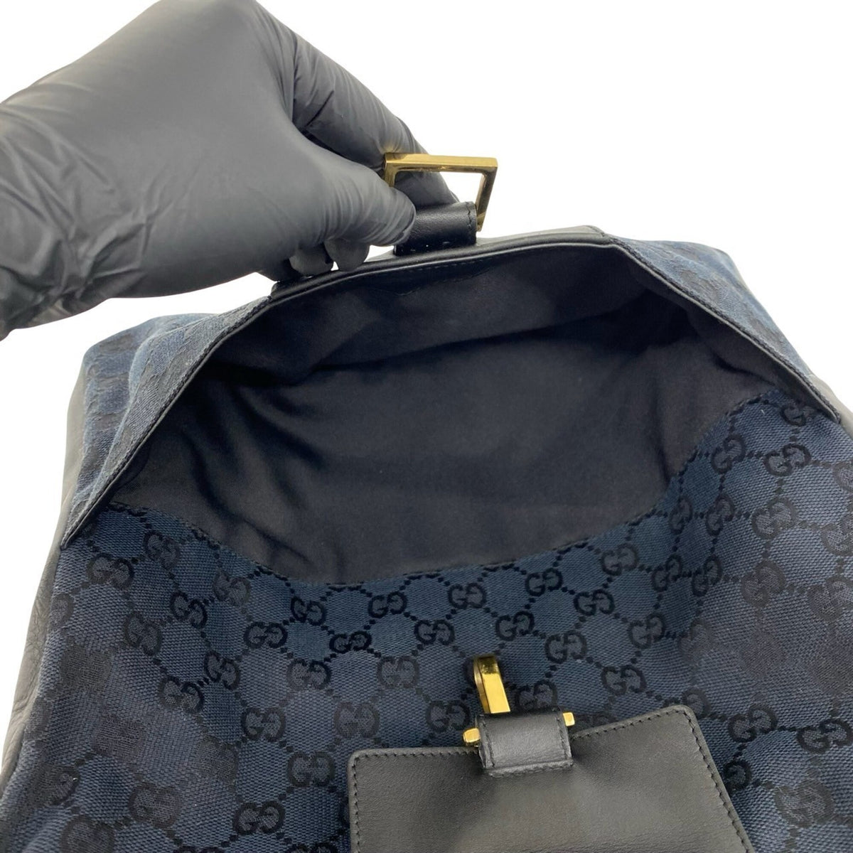 Gucci Black Navy Canvas Leather Shoulder Bag Tote Bag (Pre-Owned)
