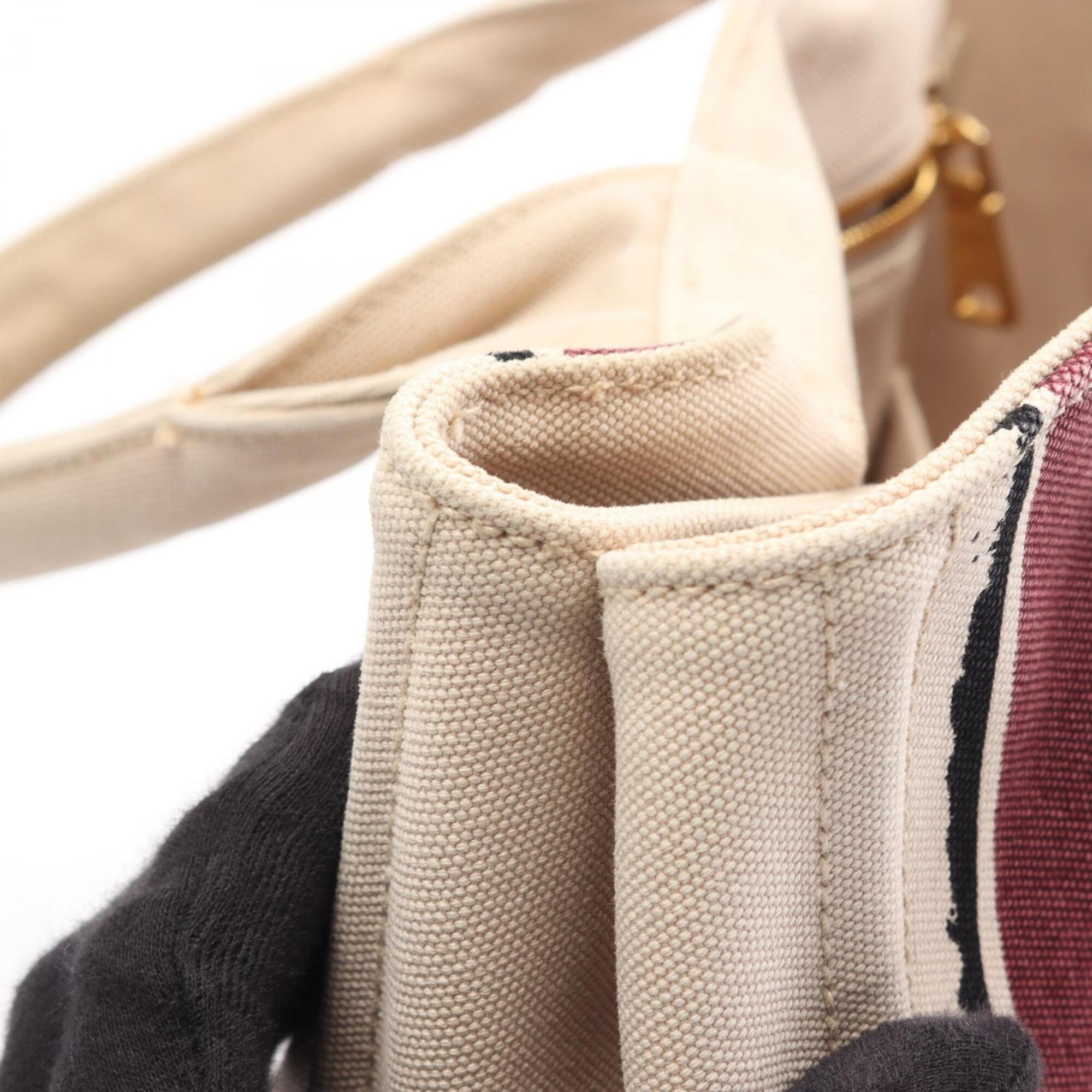 Prada Beige Black Bordeaux Canvas Handbag Tote Bag (Pre-Owned)