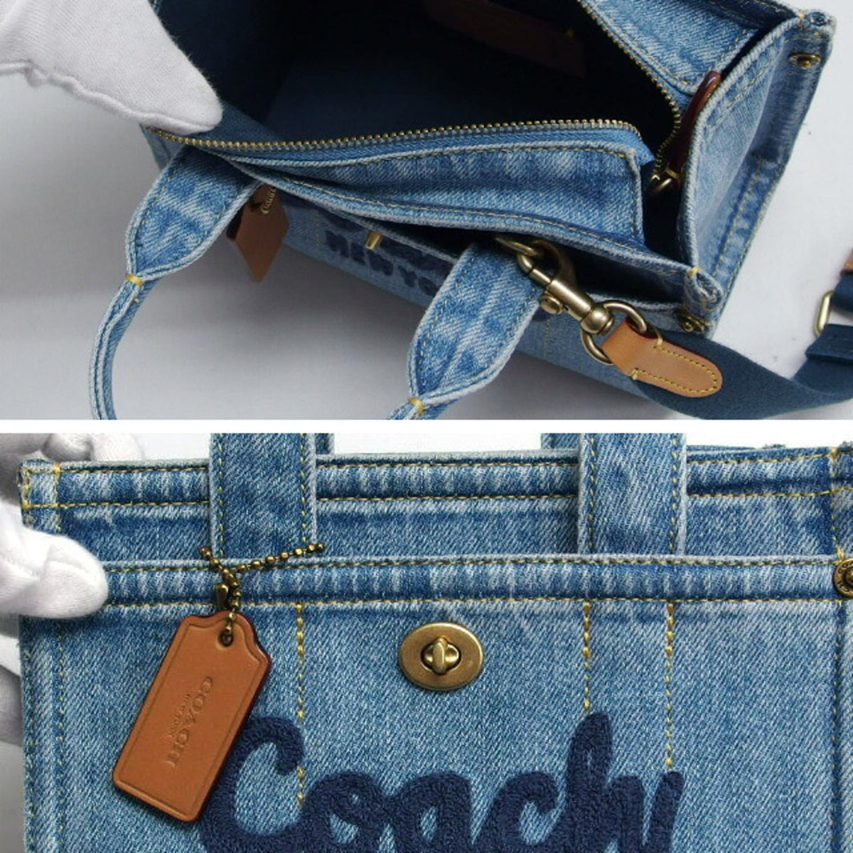 Coach Blue Brown Denim Leather Fabric Tote Bag (Pre-Owned)