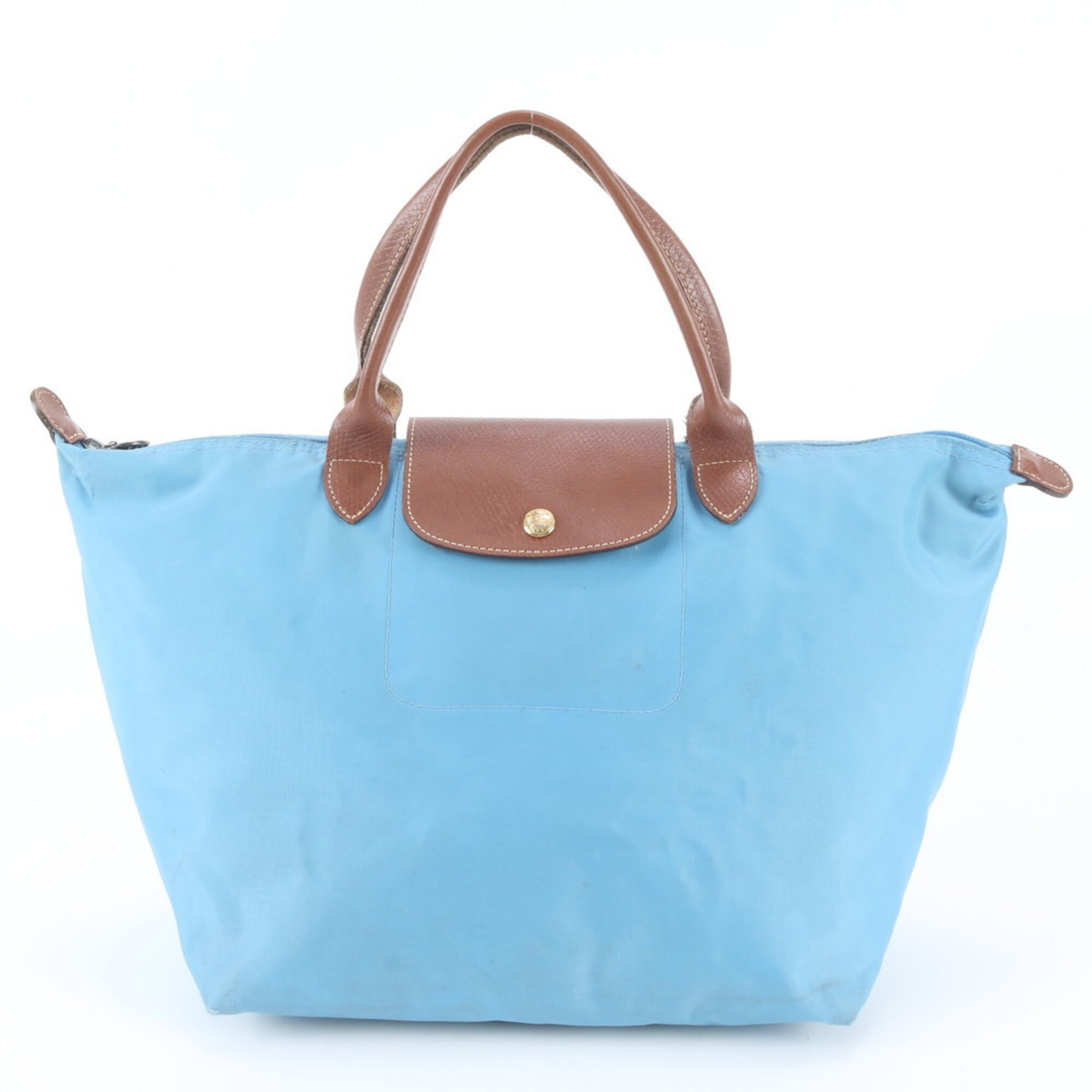Longchamp Blue Brown Leather Nylon Handbag Shoulder Bag Tote Bag (Pre-Owned)