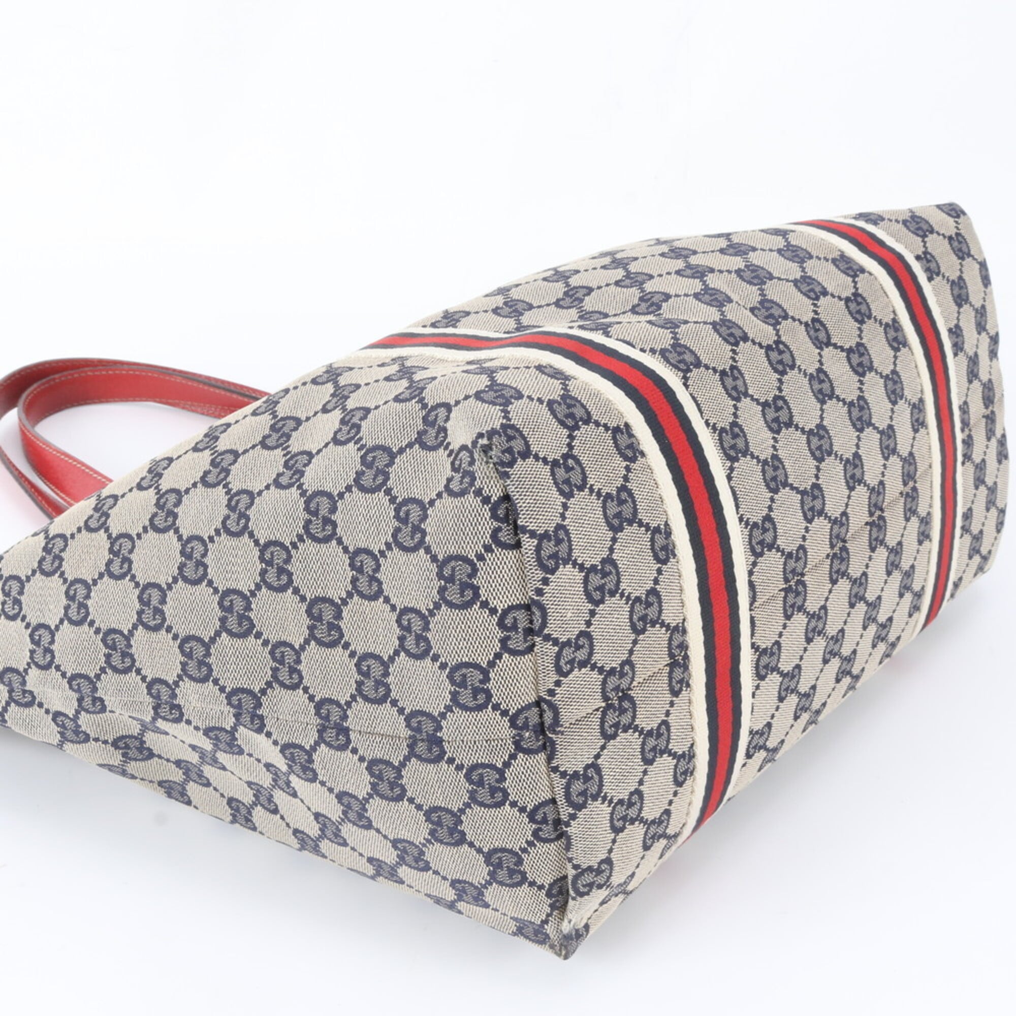 Gucci Beige Navy Red Color Leather Canvas Handbag Shoulder Bag Tote Bag (Pre-Owned)