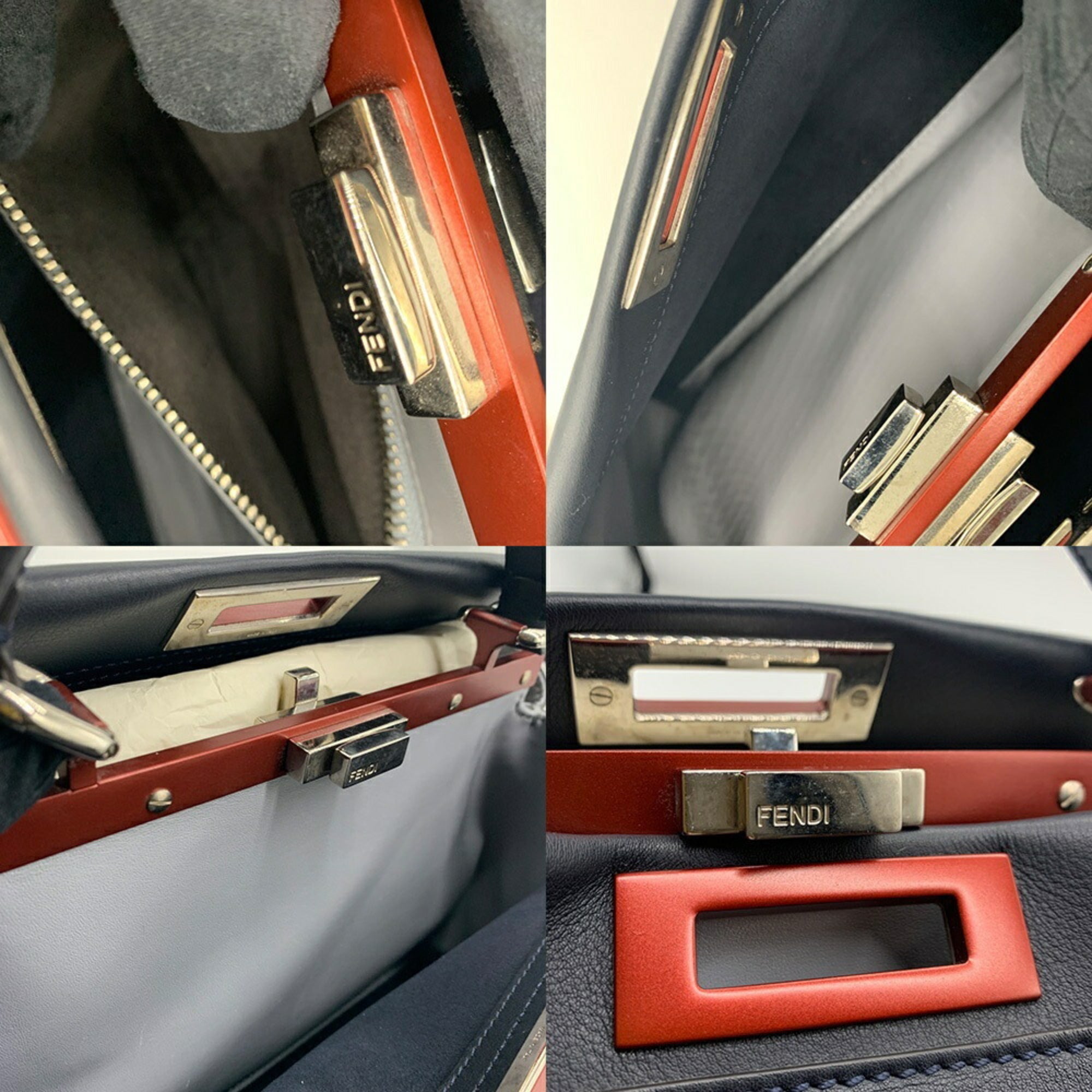 Fendi Peekaboo Dark Navy Red Color Leather Handbag Shoulder Bag (Pre-Owned)
