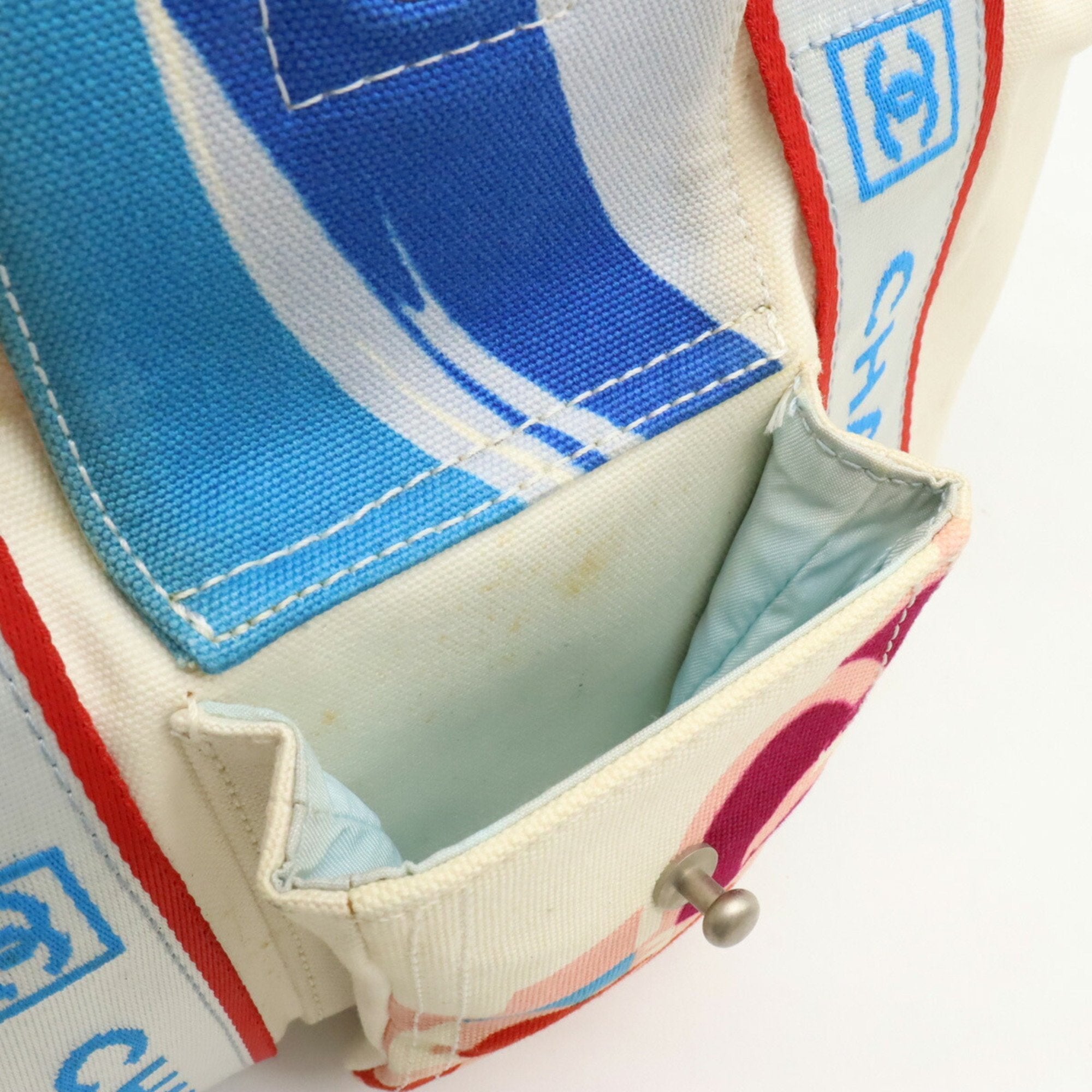 Chanel Ivory Light Blue Red Color Canvas Shoulder Bag Tote Bag (Pre-Owned)