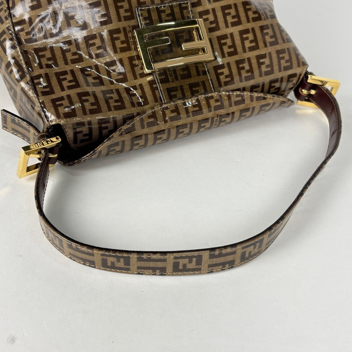 Fendi Zucchino Beige Brown Coated Canvas Leather Shoulder Bag (Pre-Owned)